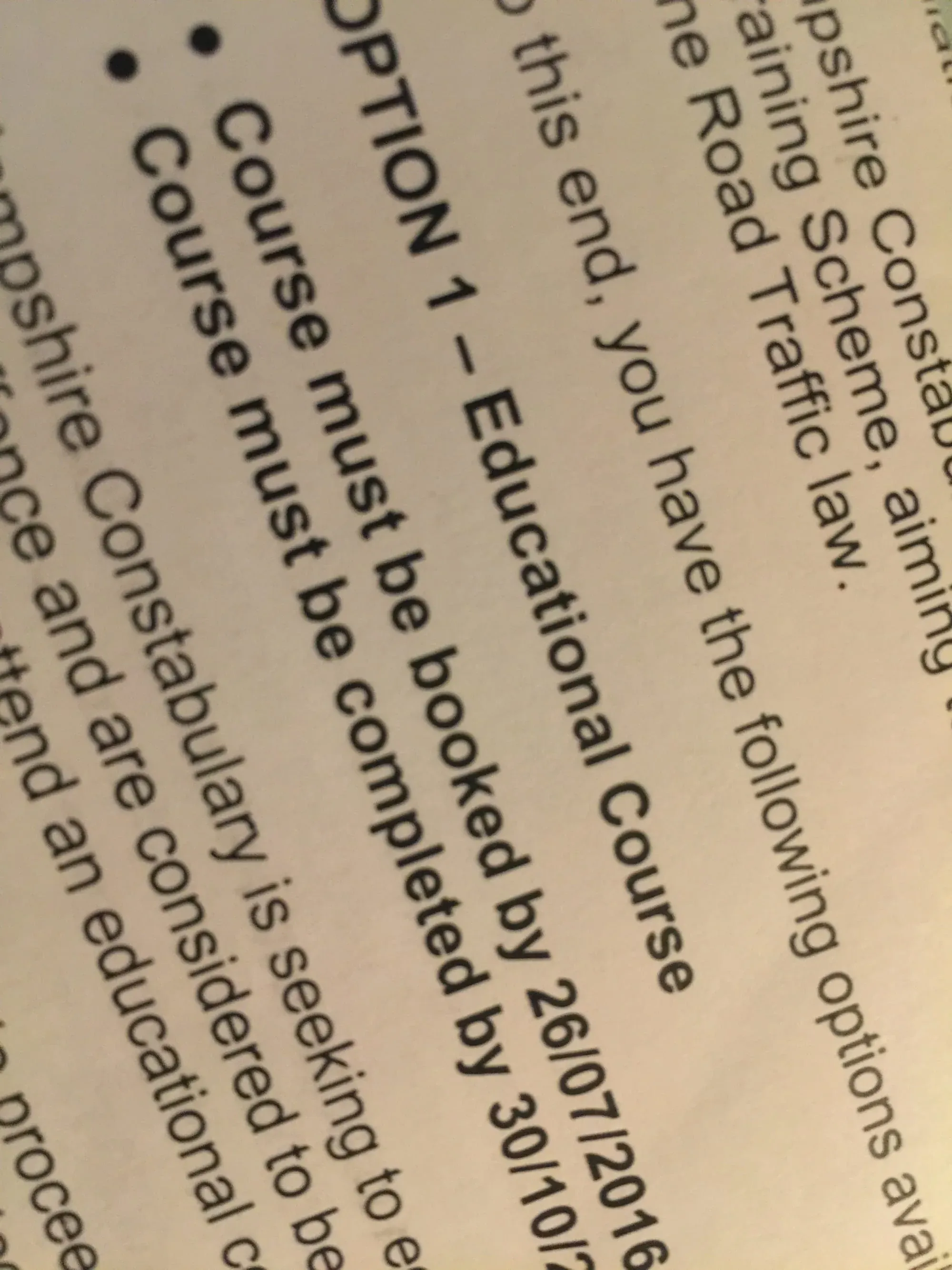 Printed text on paper about motorcycle courses and training options