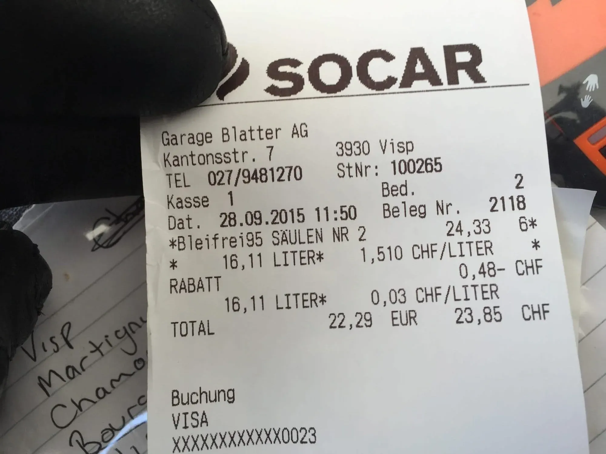 SOCAR fuel receipt from Swiss garage showing 16.11 liters purchased on 28.09.2015