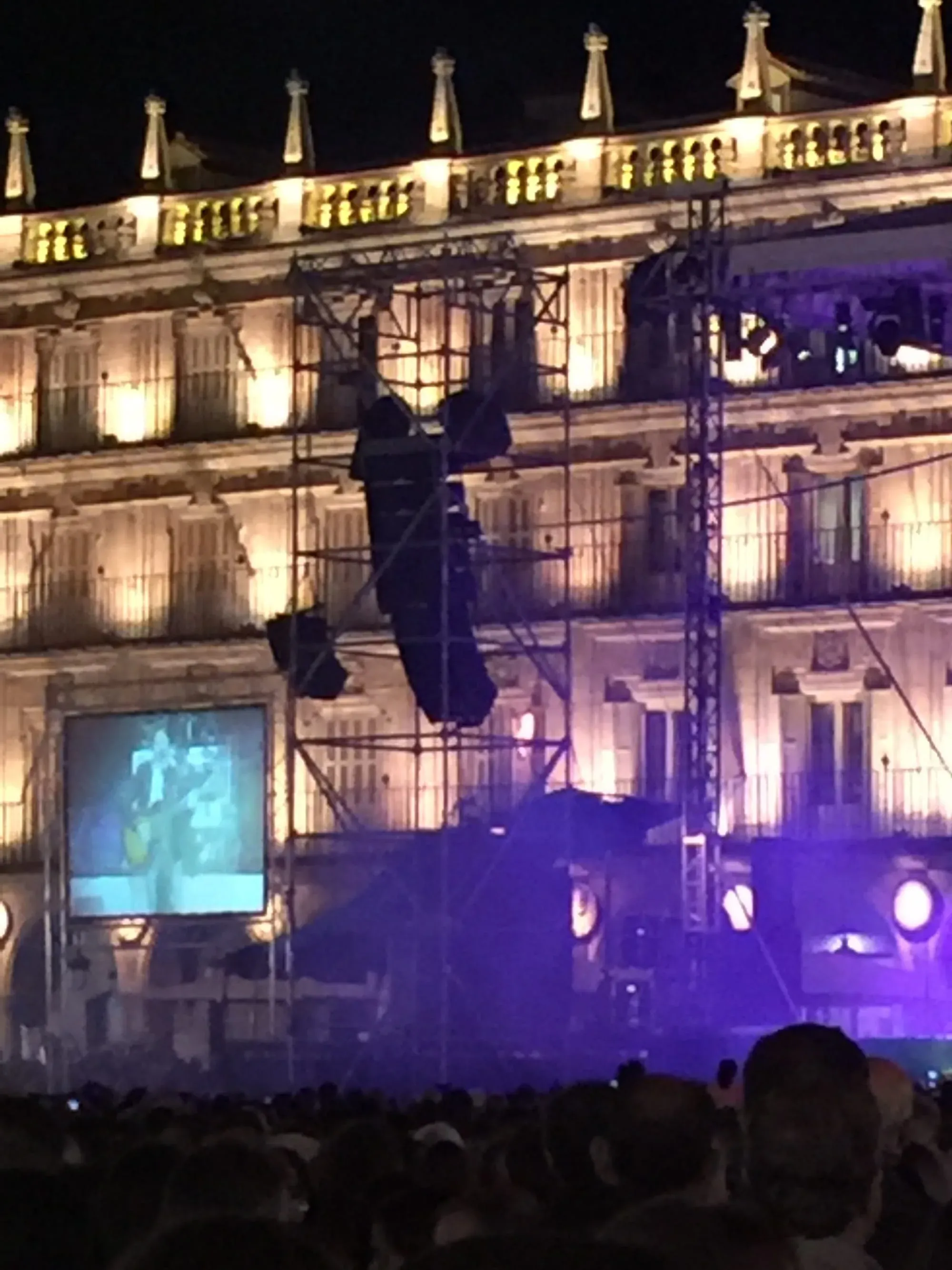 Nighttime street performance with acrobats suspended on stage by ropes