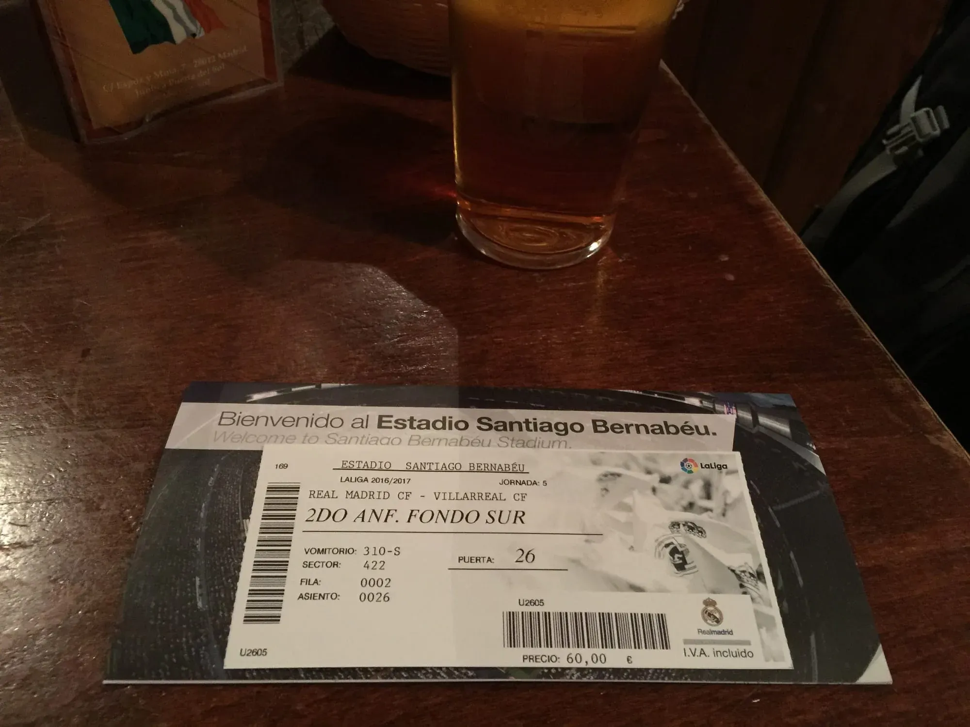 Real Madrid vs Villarreal football match ticket at Santiago Bernabéu stadium with drink