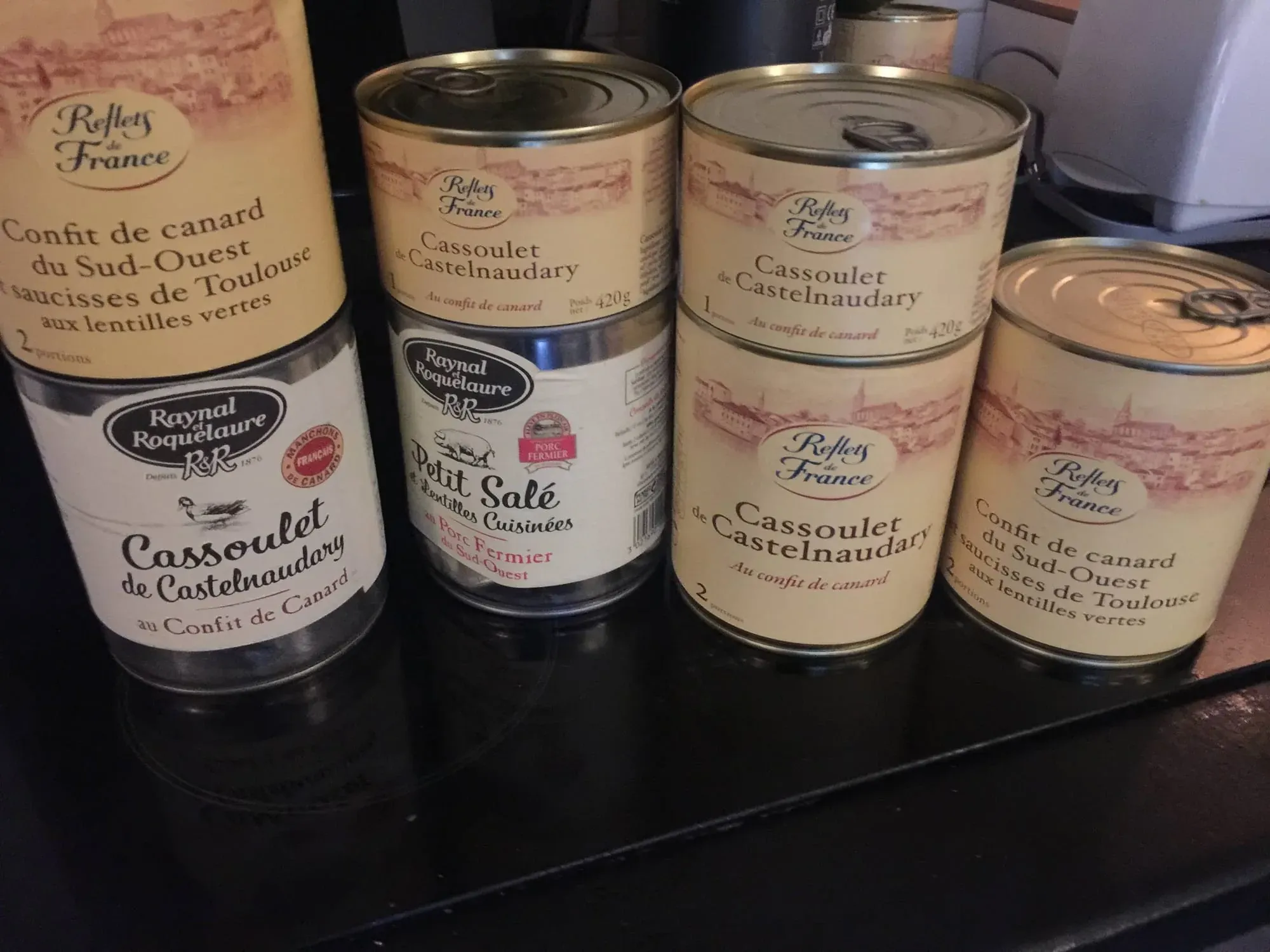 Collection of French gourmet canned cassoulet and duck confit products