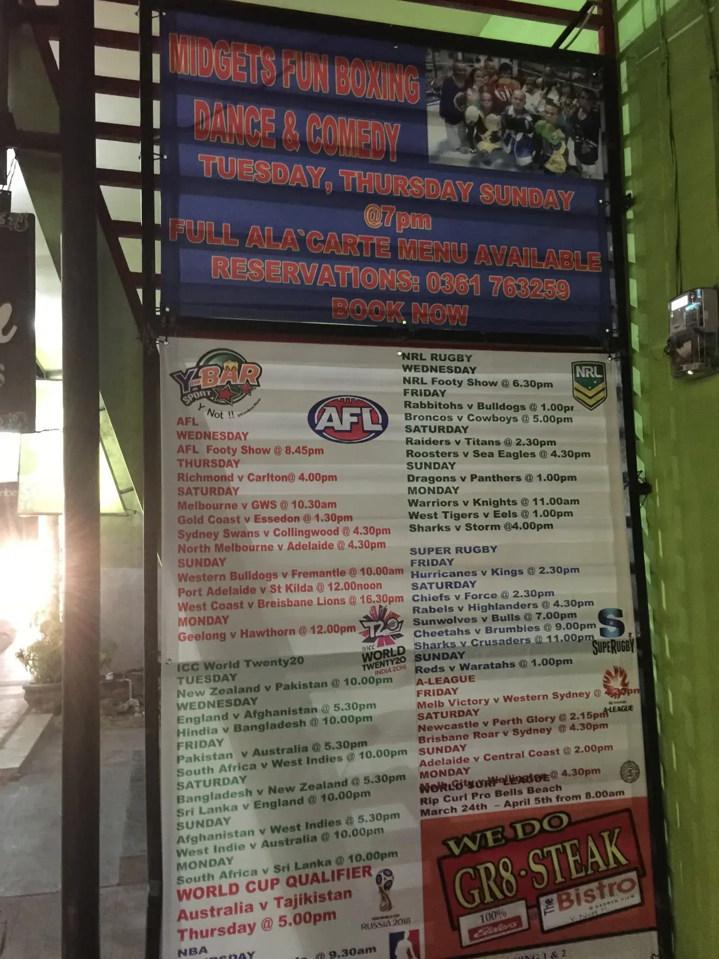 Sports bar menu board in Legian, Bali
