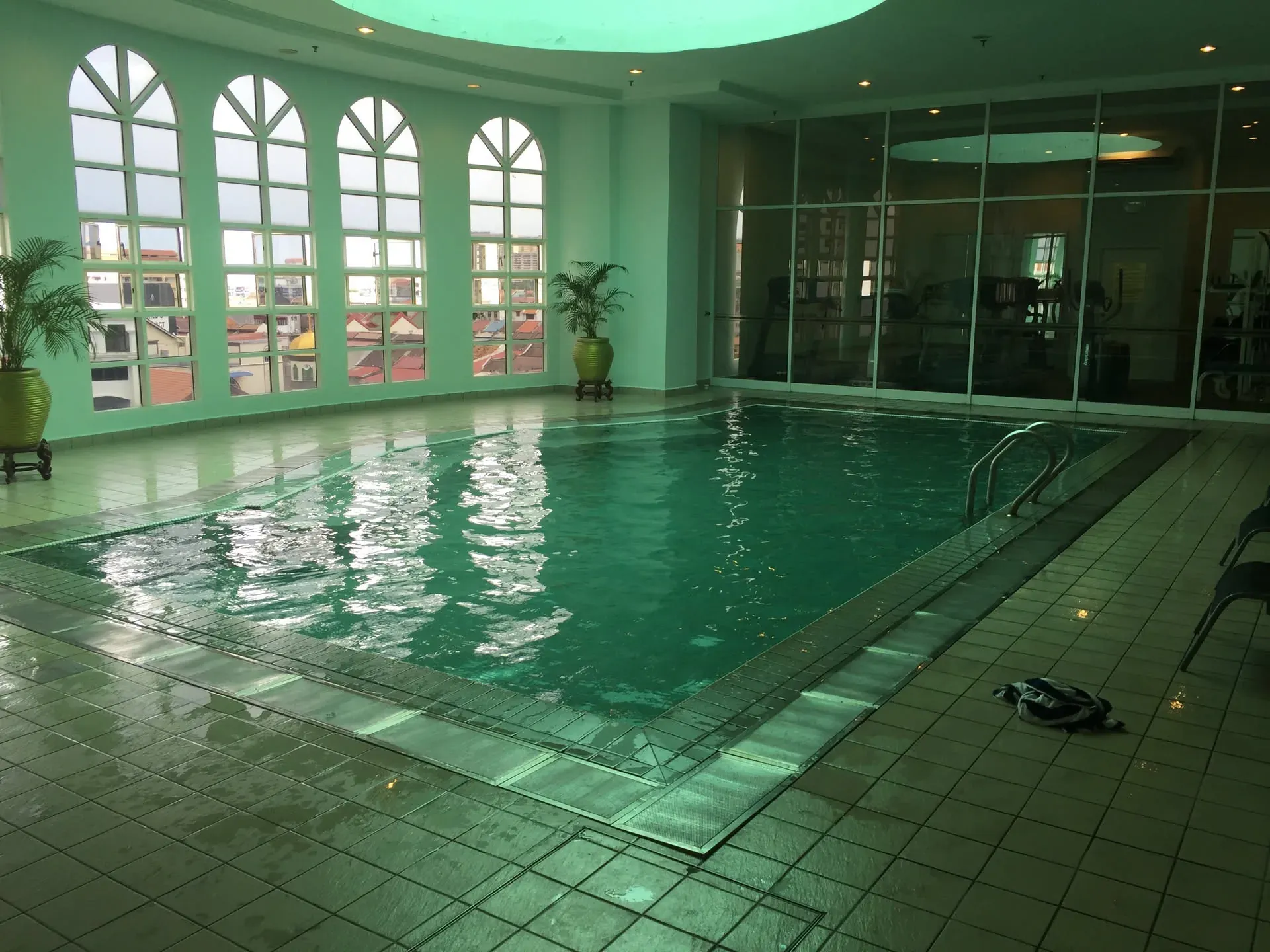 Indoor swimming pool with green walls and large windows