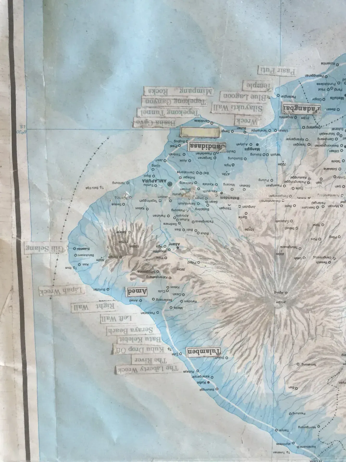 Vintage map of Southeast Asia showing coastal regions and city locations in blue