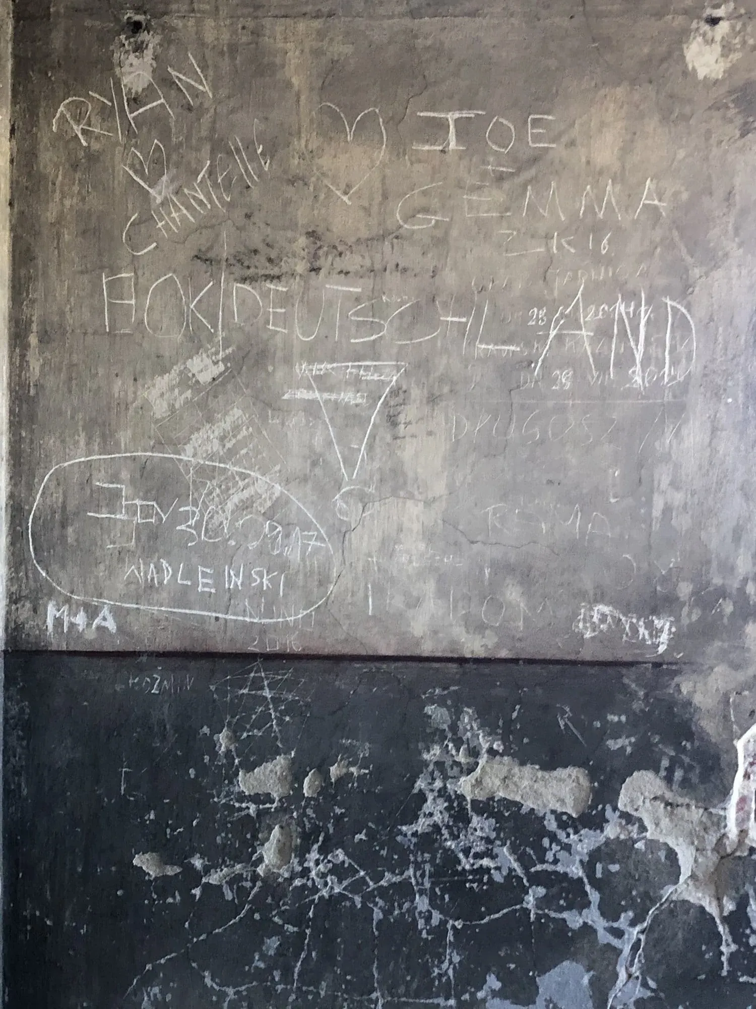Weathered wall with chalk writings and graffiti in multiple languages