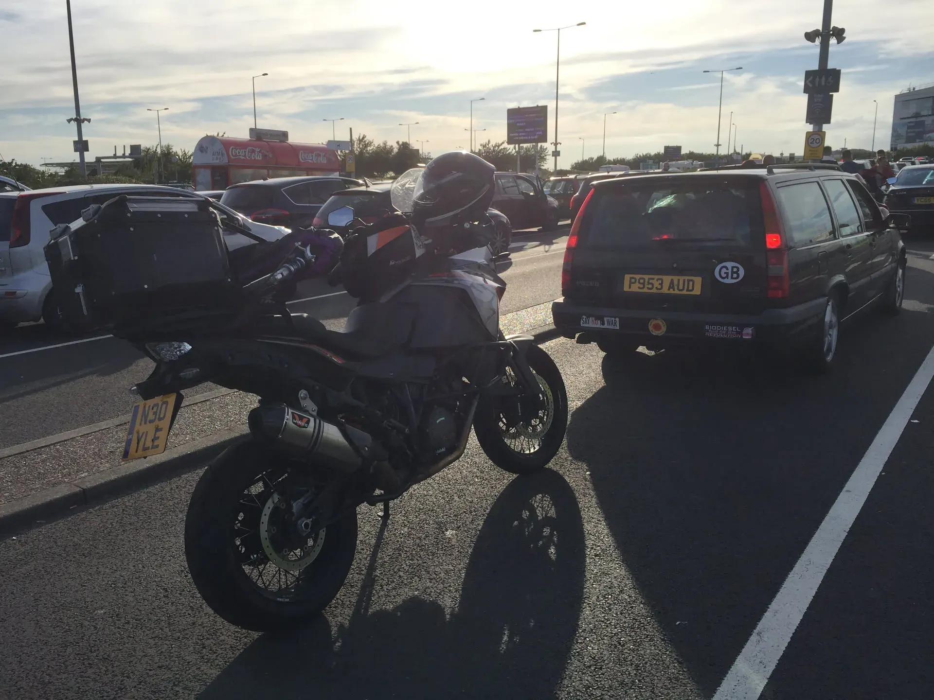 Motorcyclist stopped in traffic at Folkestone service station