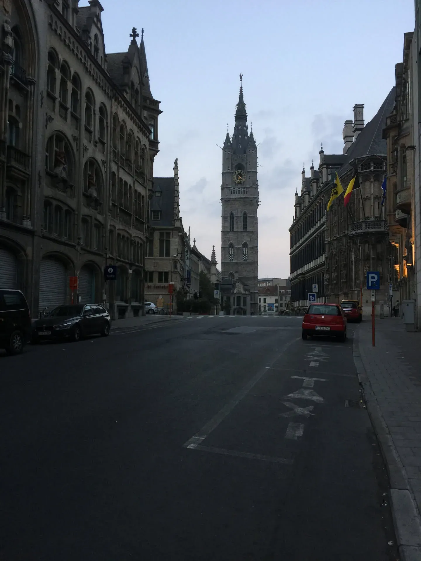 Gothic bell tower dominates Ghent street