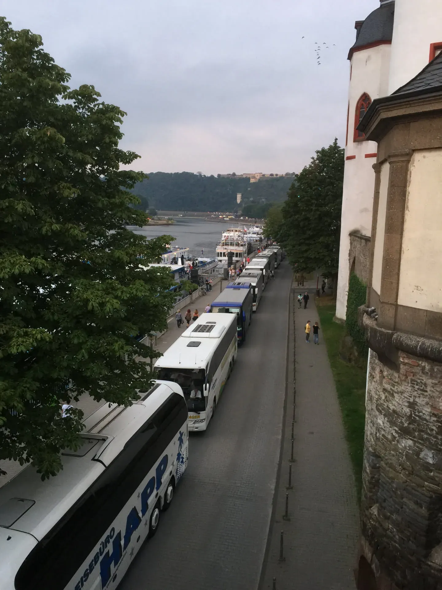 Riverside promenade with parked buses, Altstadt Koblenz