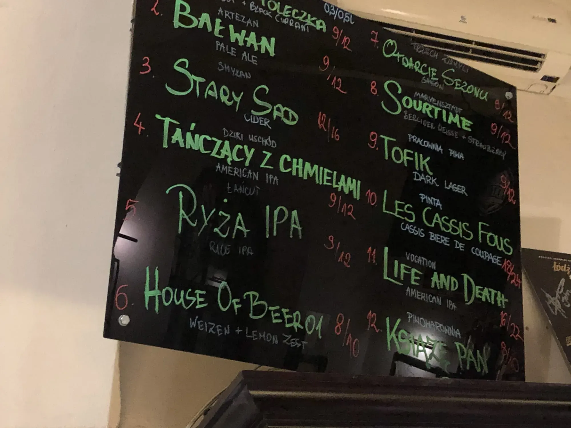Chalkboard beer menu with green text listing various craft beer options