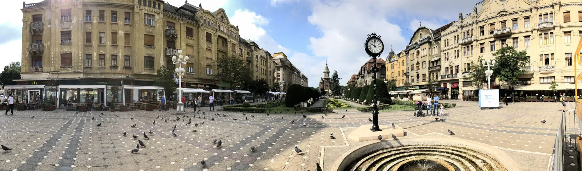 Unirii Square in Oradea with historic buildings, clock tower, and pigeons