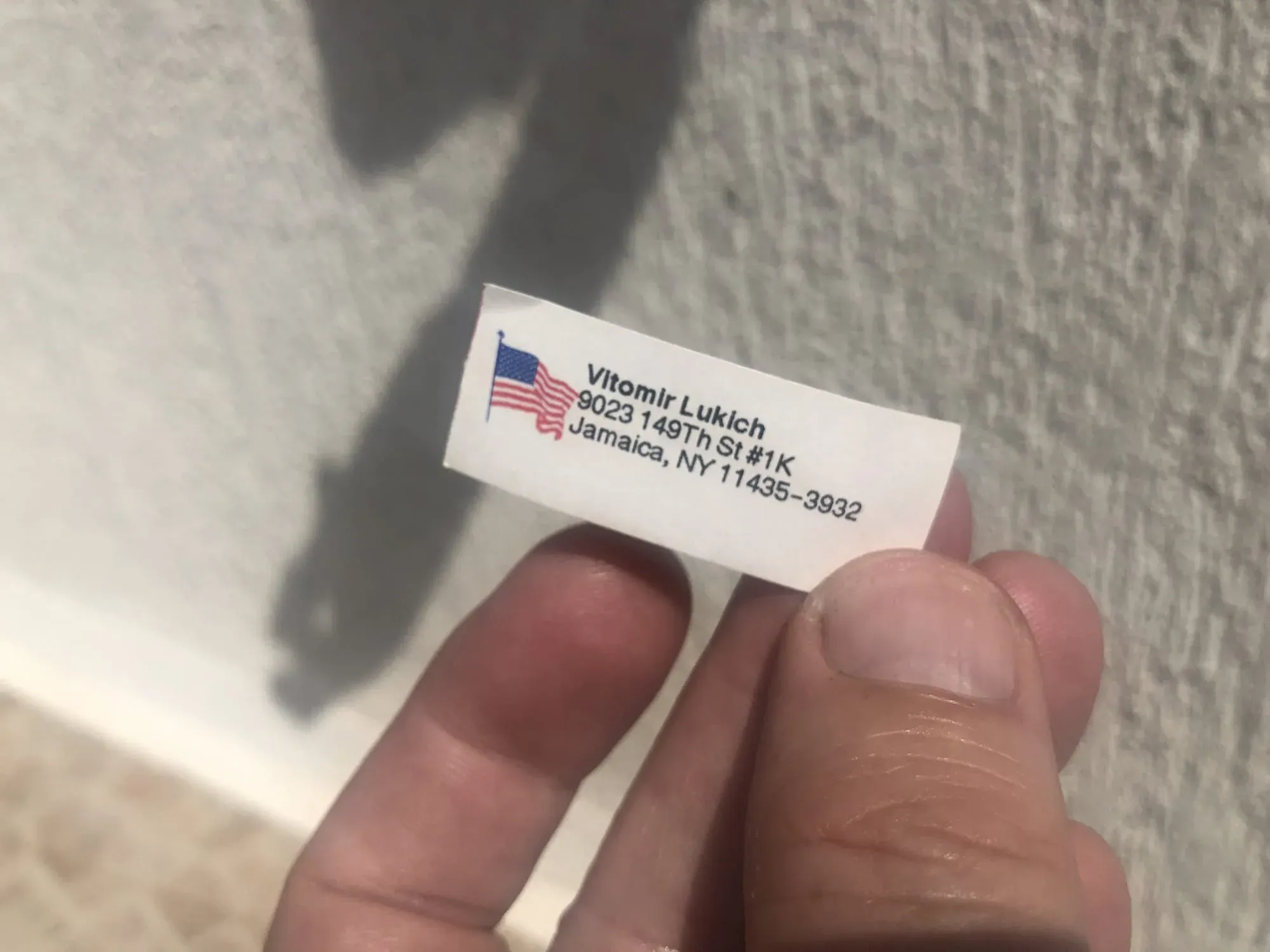 Close-up of address label for Viromir Luklich in Jamaica, Queens, New York