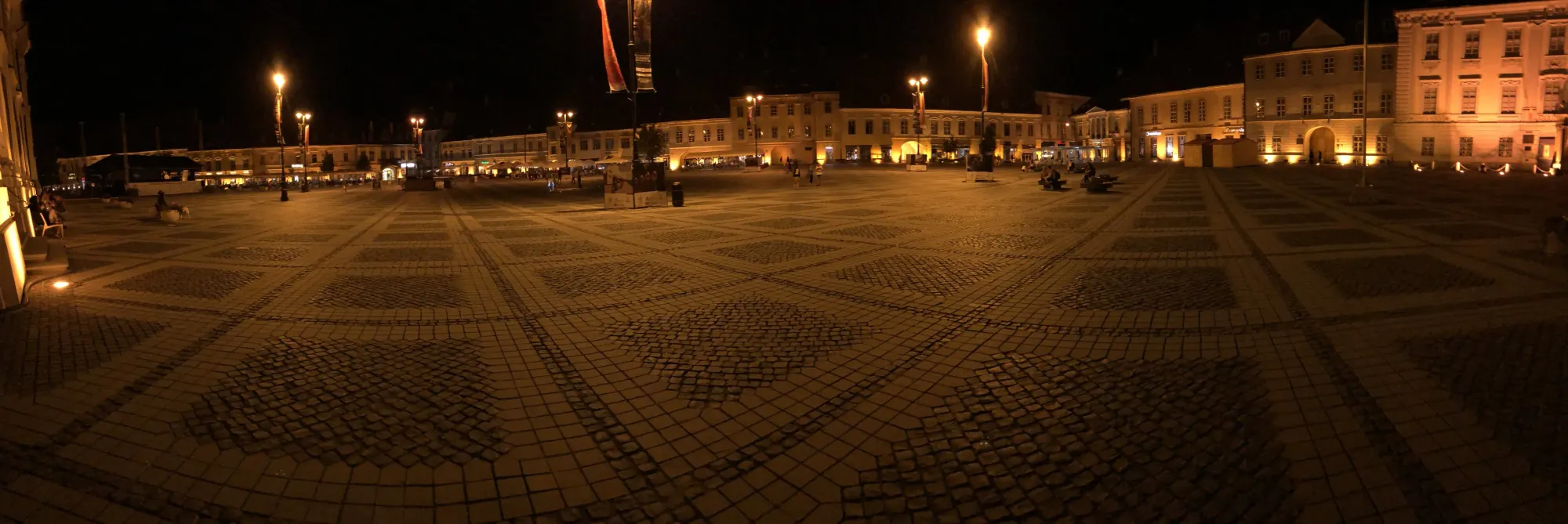 Nighttime square with patterned pavement, Historic Centre, Romania