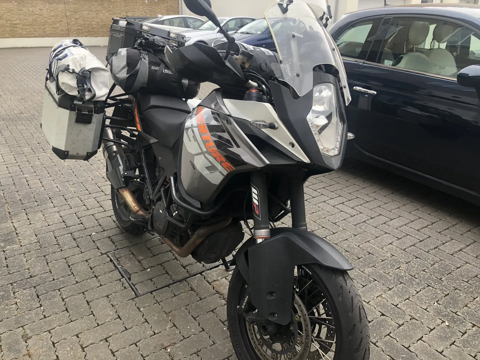 Adventure motorcycle loaded with panniers, Surbiton