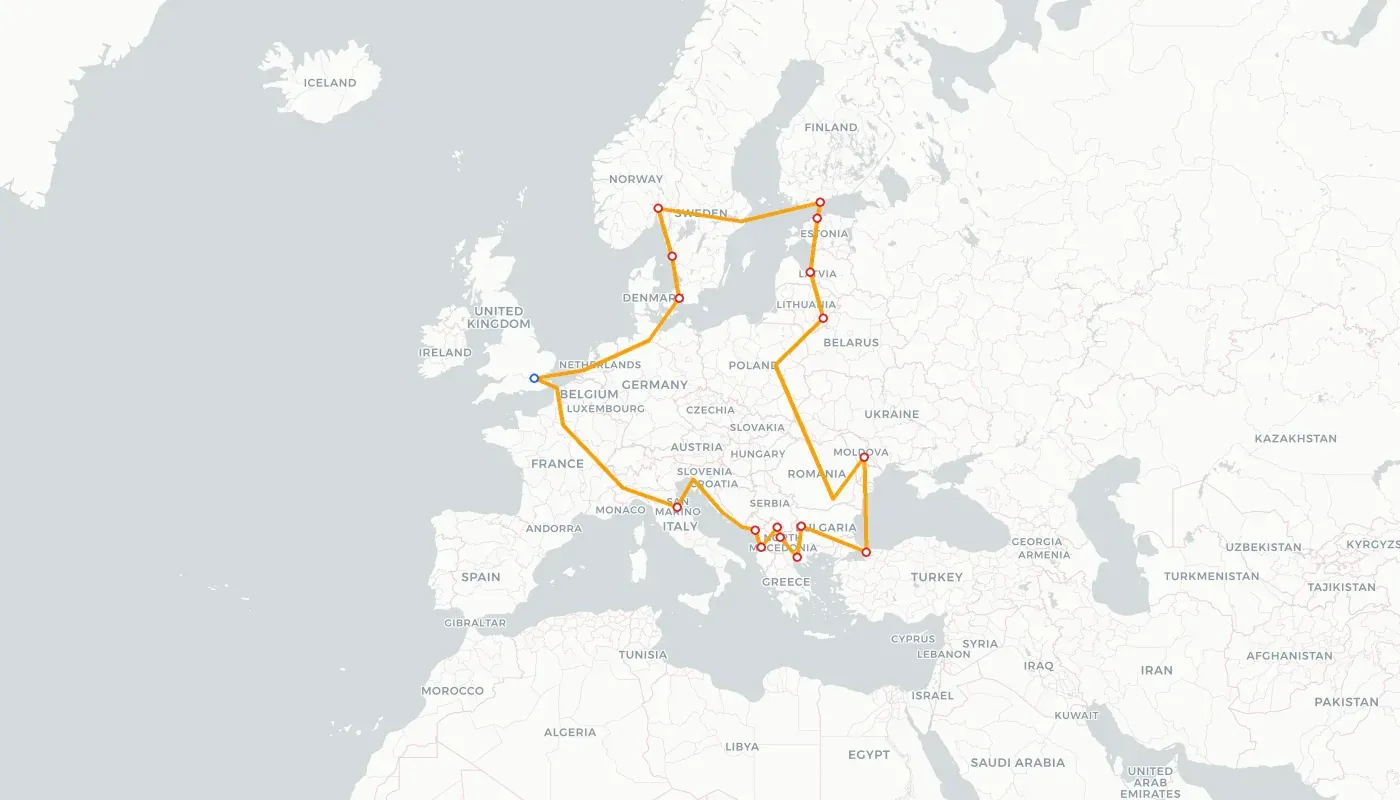 Proposed motorcycle route through 16 unvisited European countries