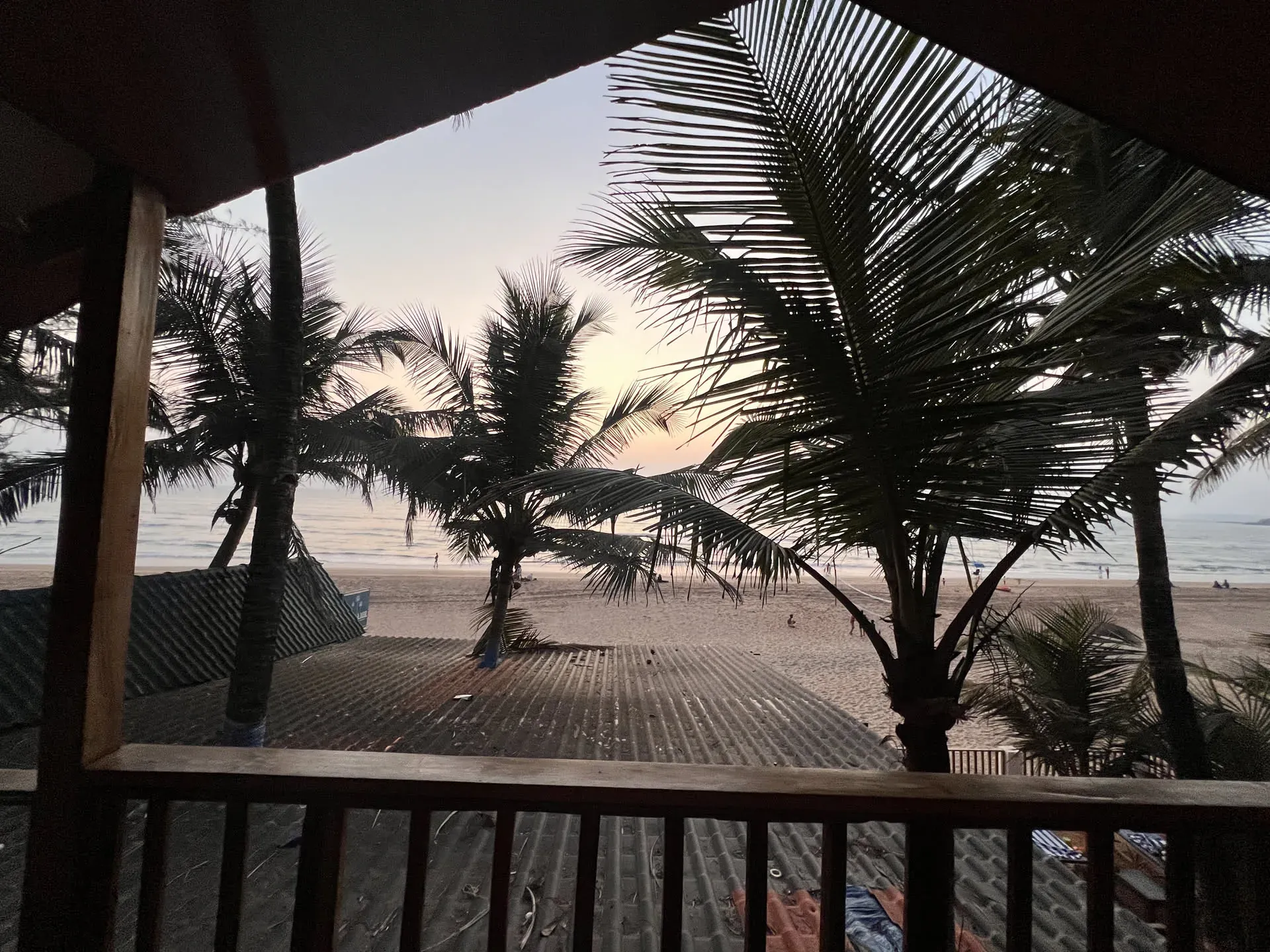 Beach view from palm-shaded porch, Agonda