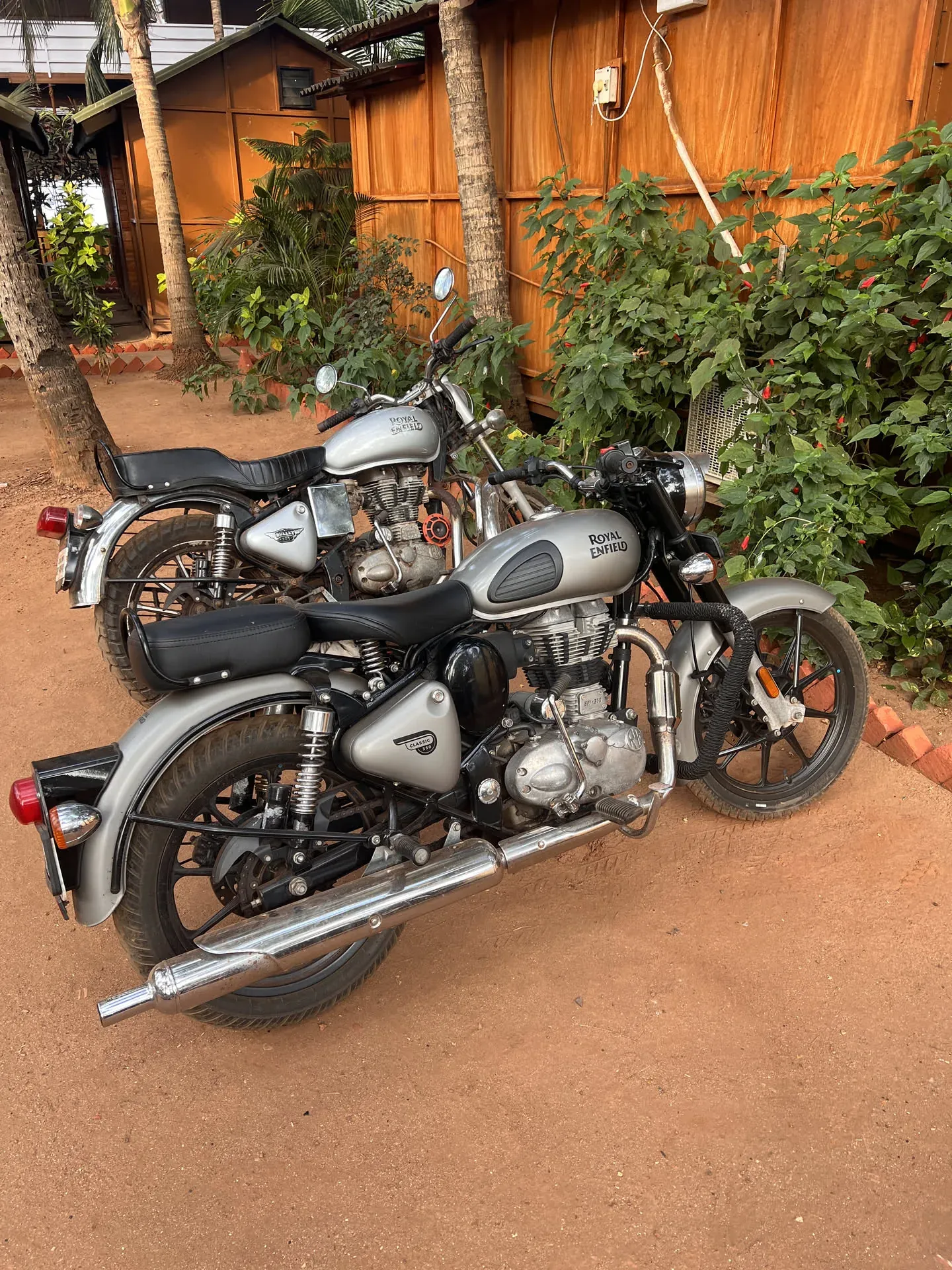 Royal Enfield motorcycles parked in Agonda