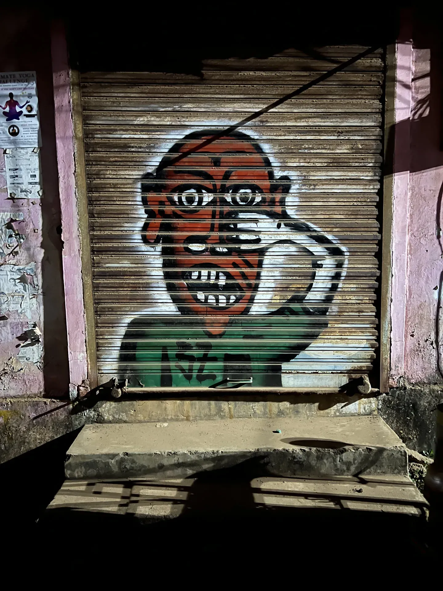 Street art portrait on metal shutter, Agonda