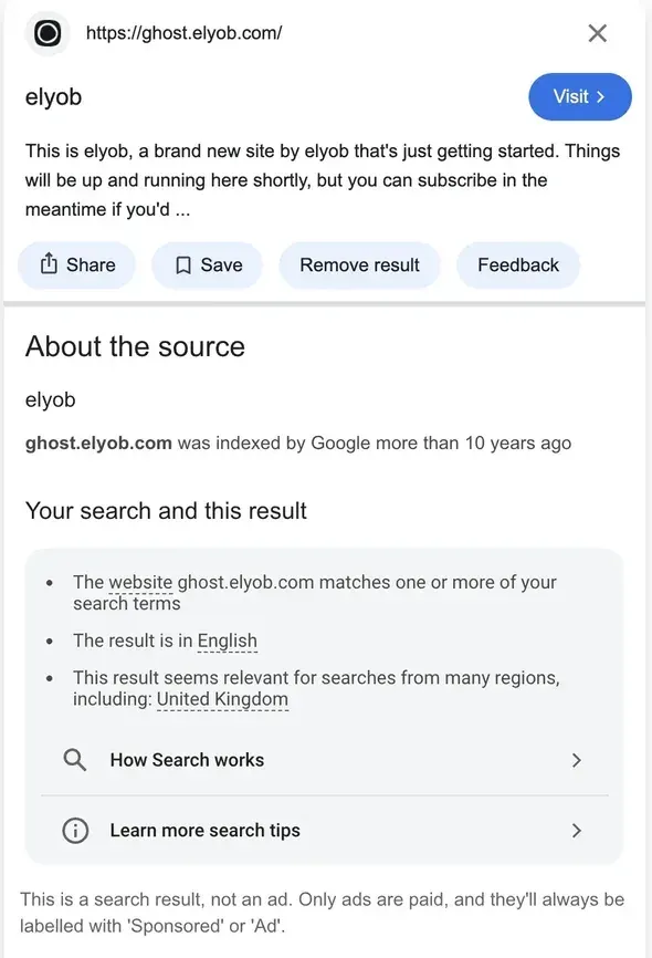 Google search result for ghost.elyob.com showing the old 