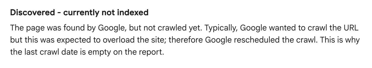 Google Search Console showing Discovered but currently not indexed status