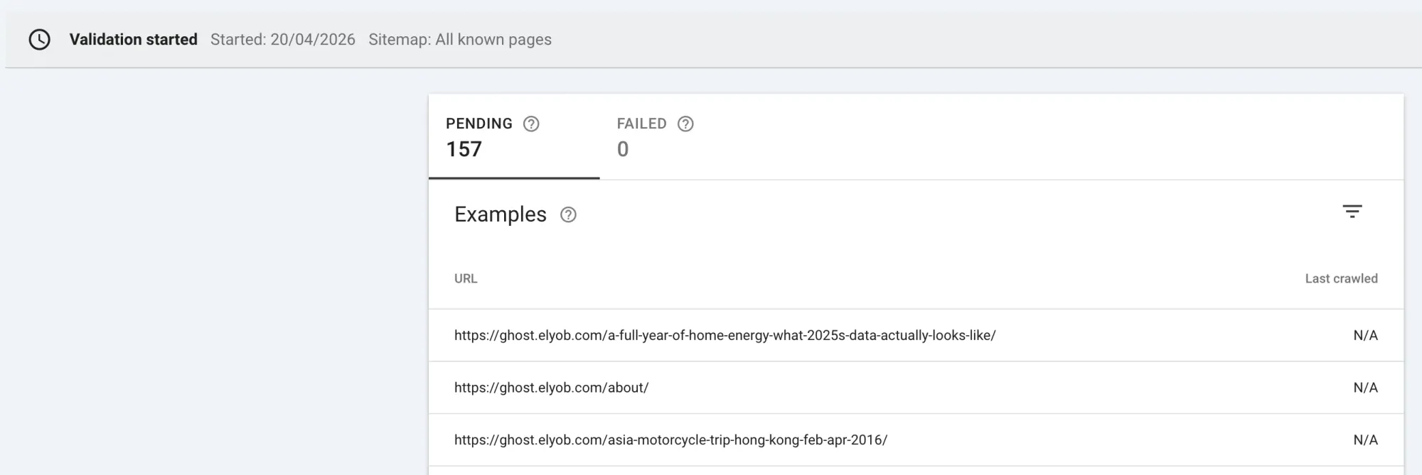 Google Search Console validation started on 20 April 2026 with 157 pages pending