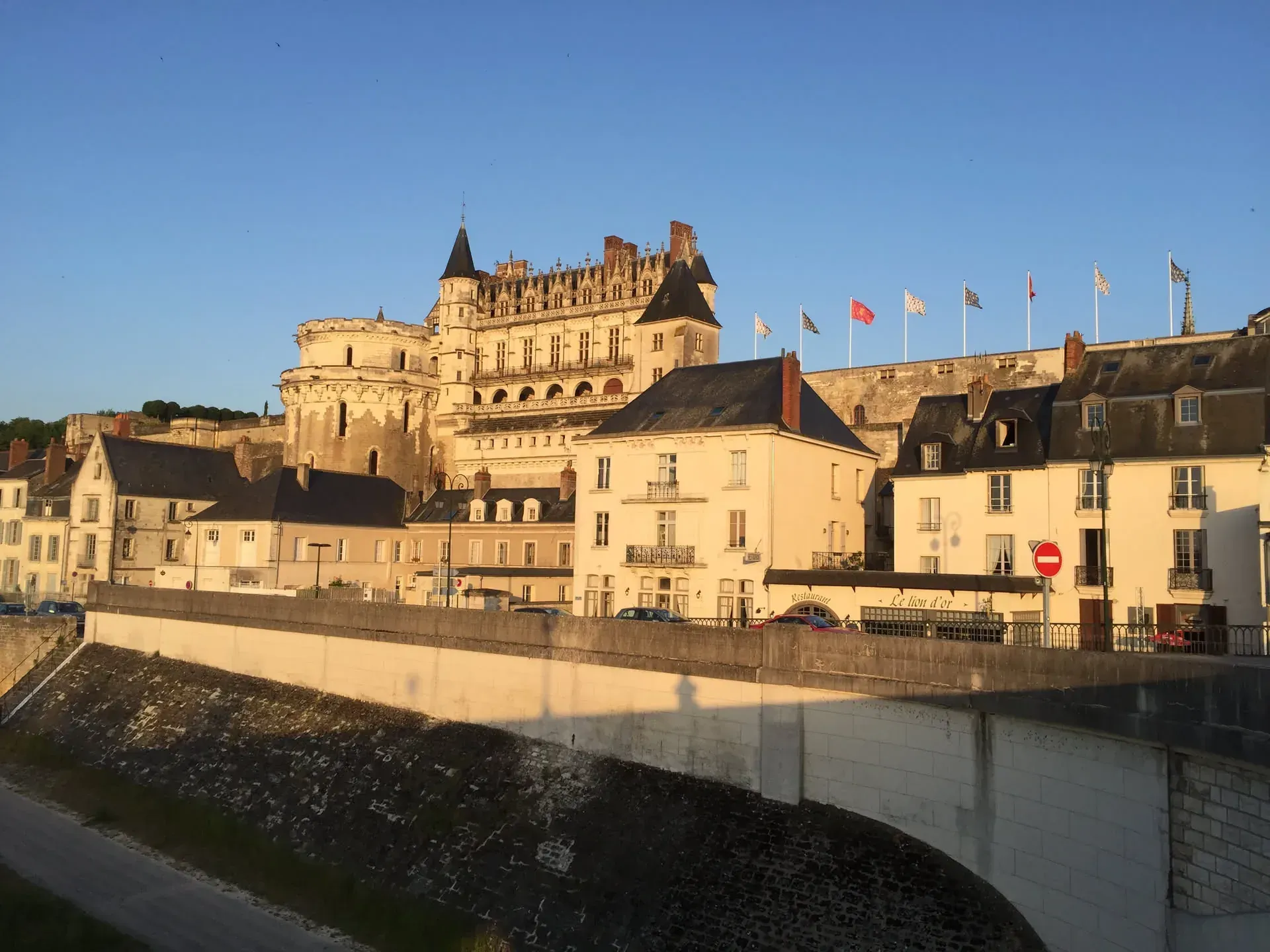 Château d'Amboise rising above riverside town, Amboise