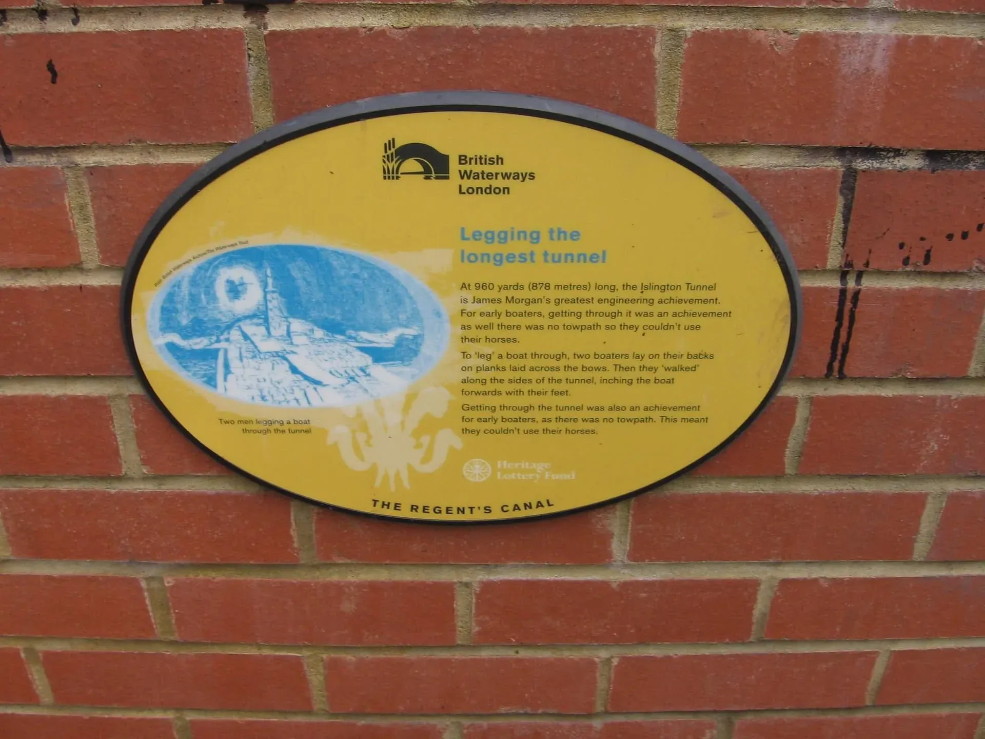 British Waterways yellow plaque describing Islington Tunnel legging history