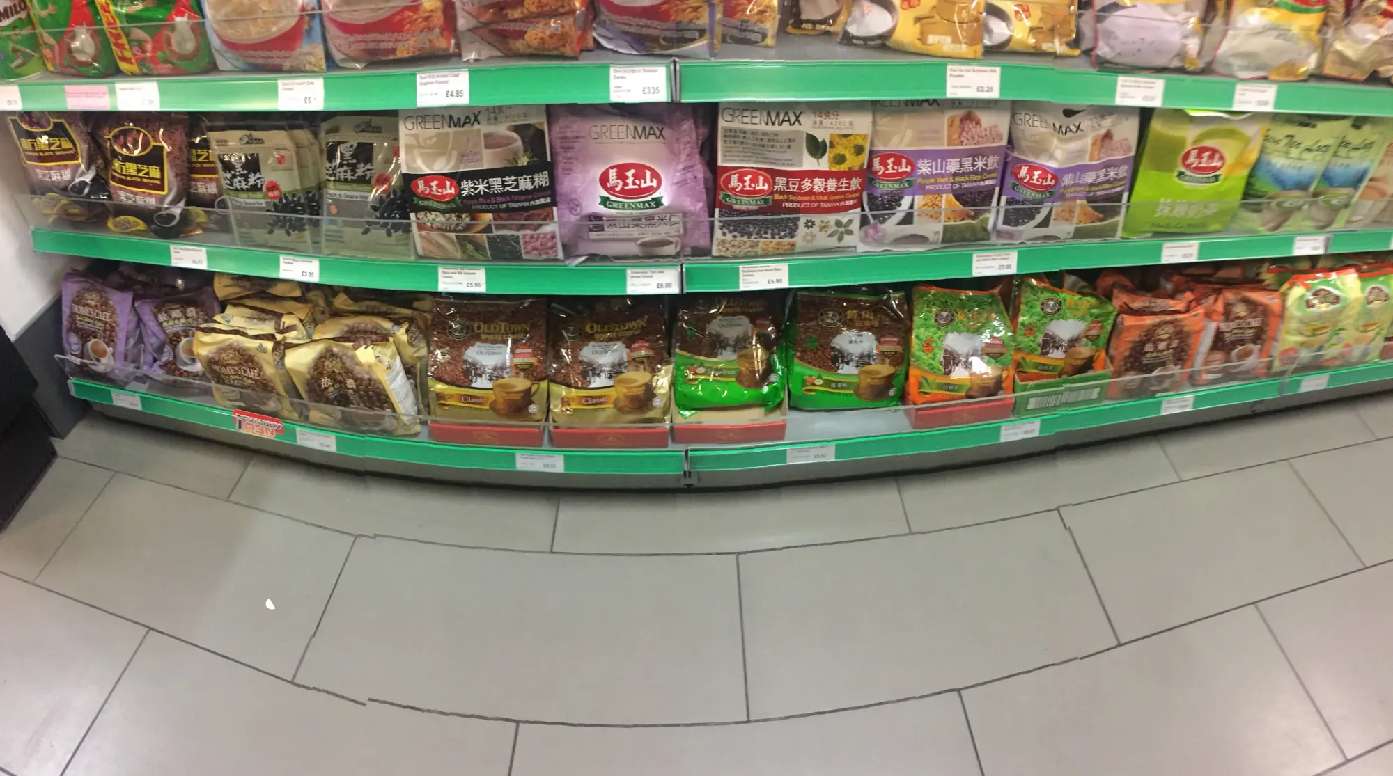 Asian rice and grain products shelf at Grainger Town supermarket