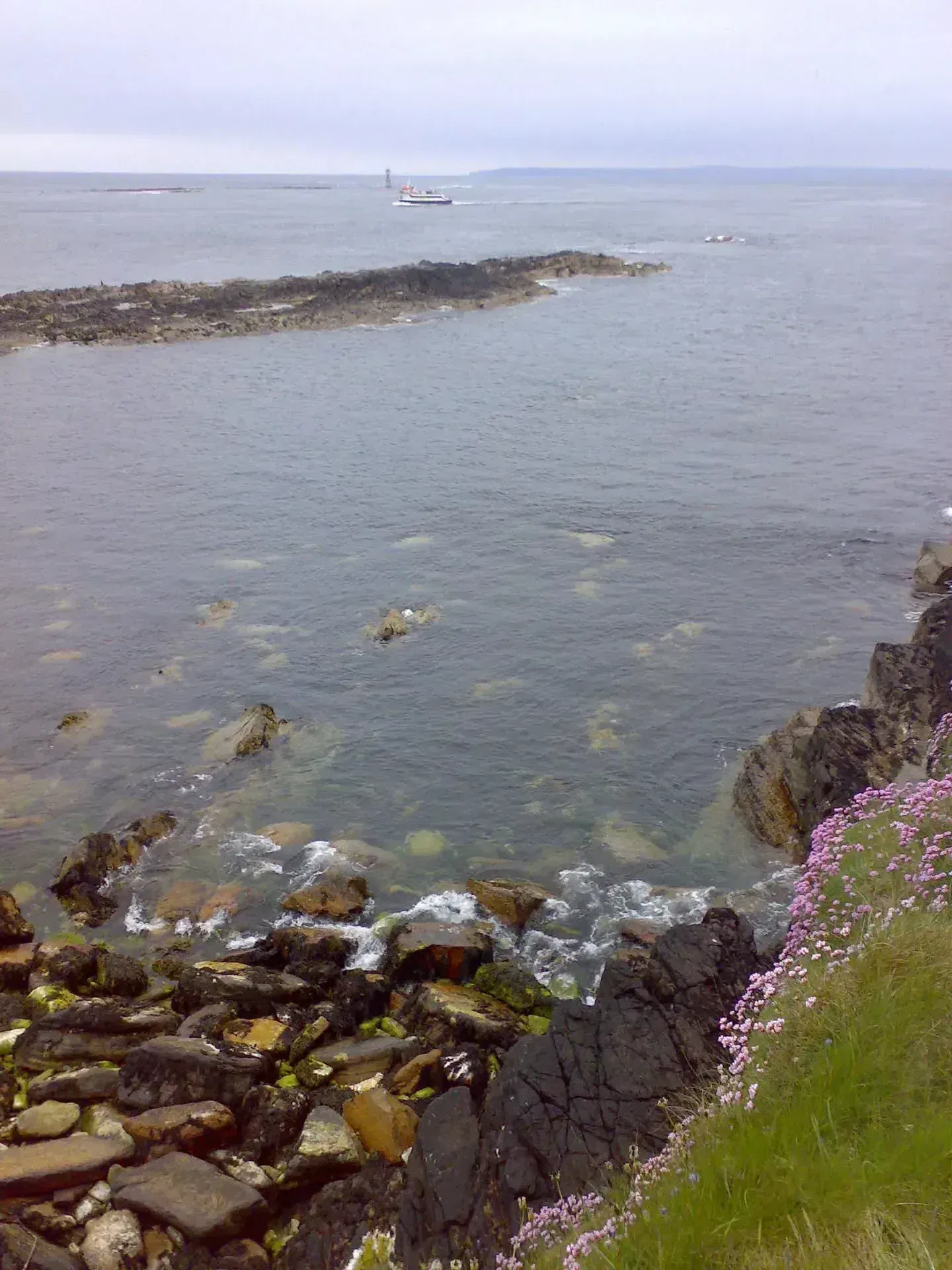 Rocky beach cove with moss-covered rock faces, tidal pools, and pebbled shore at water level
