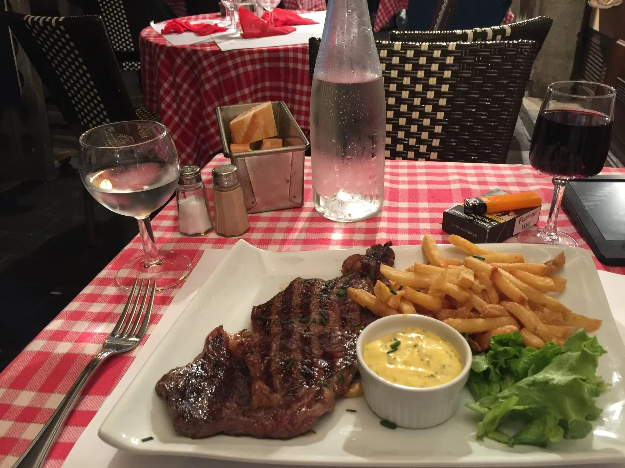 Steak and fries dinner at Vieux Tours restaurant