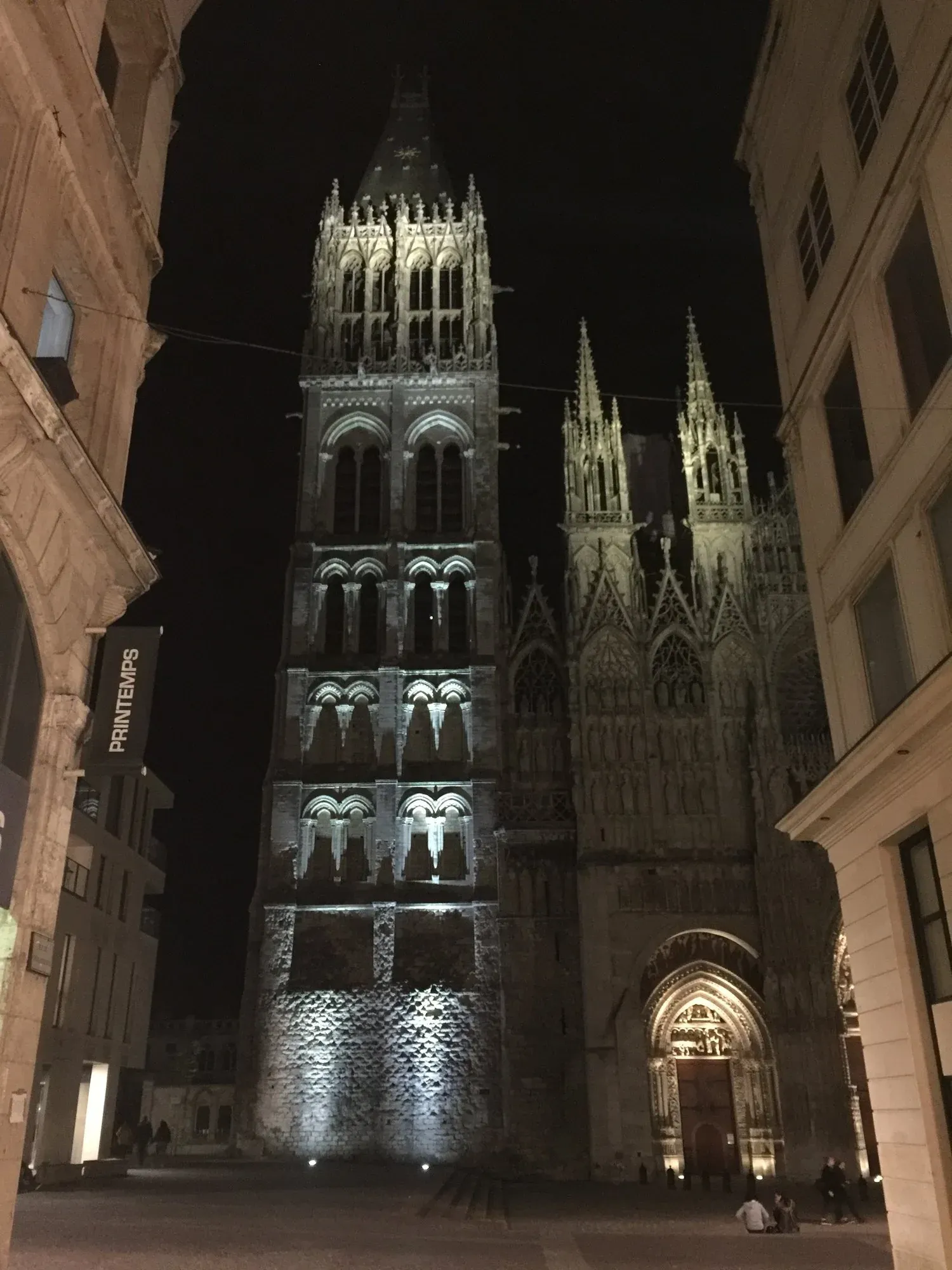 Gothic cathedral illuminated at night, Quartier, Le Mans