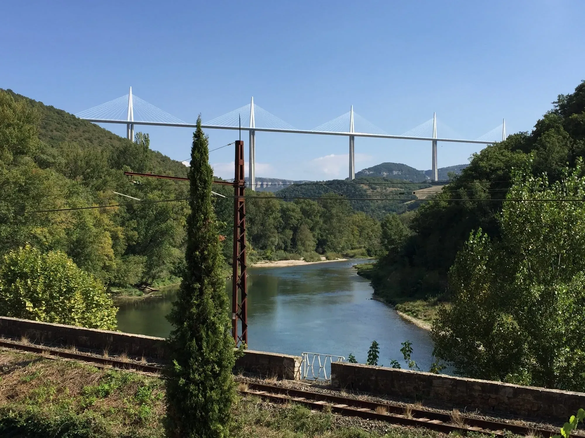 Modern cable-stayed bridge spanning river through forested valley landscape