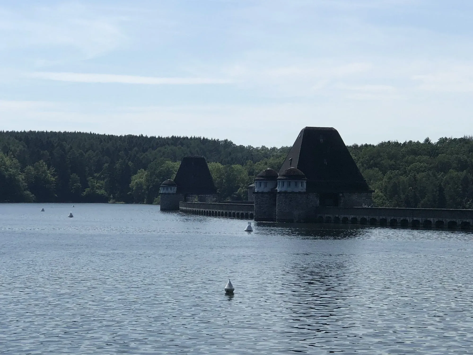 Historic stone fortress with towers on lake surrounded by forest