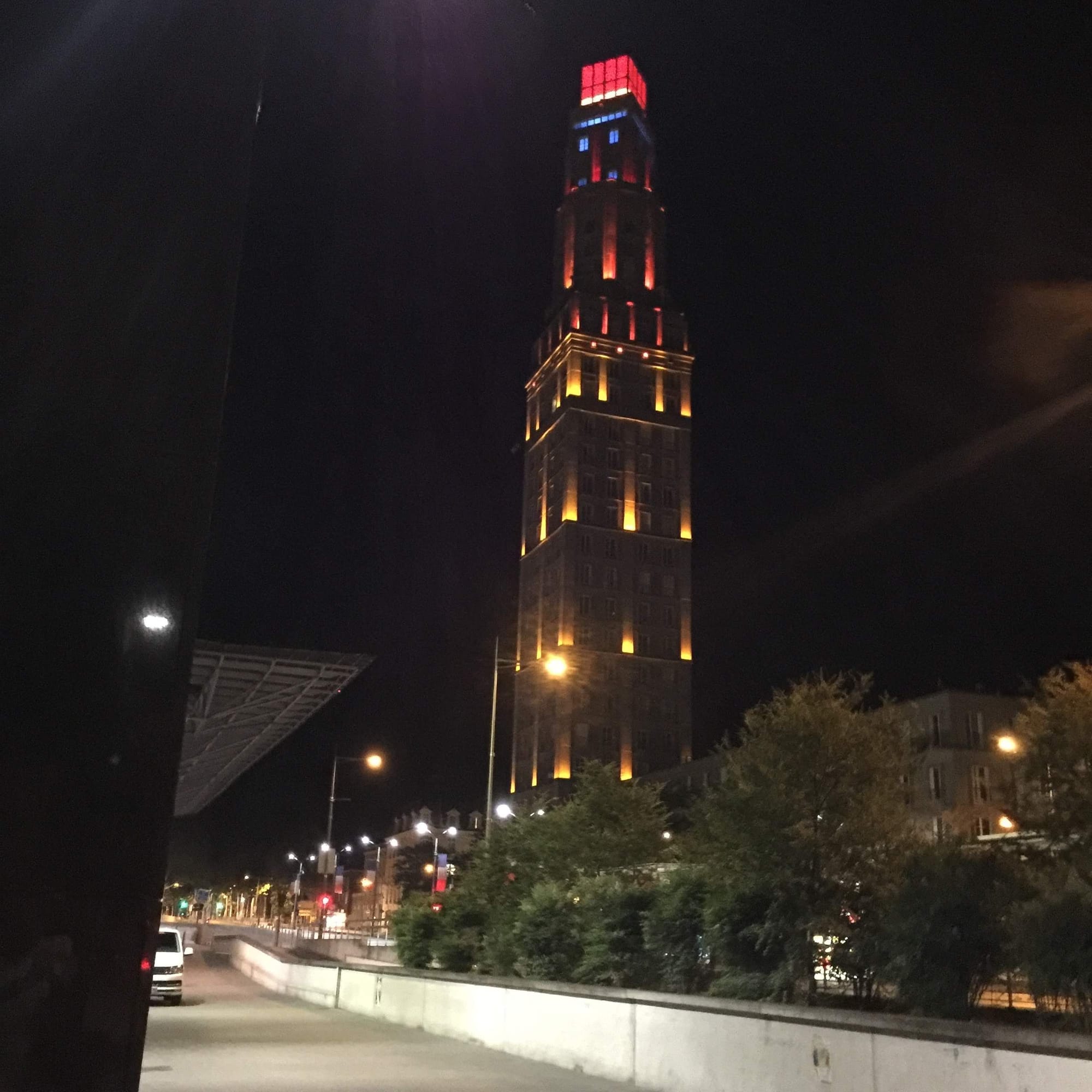 Amiens cathedral tower illuminated at night