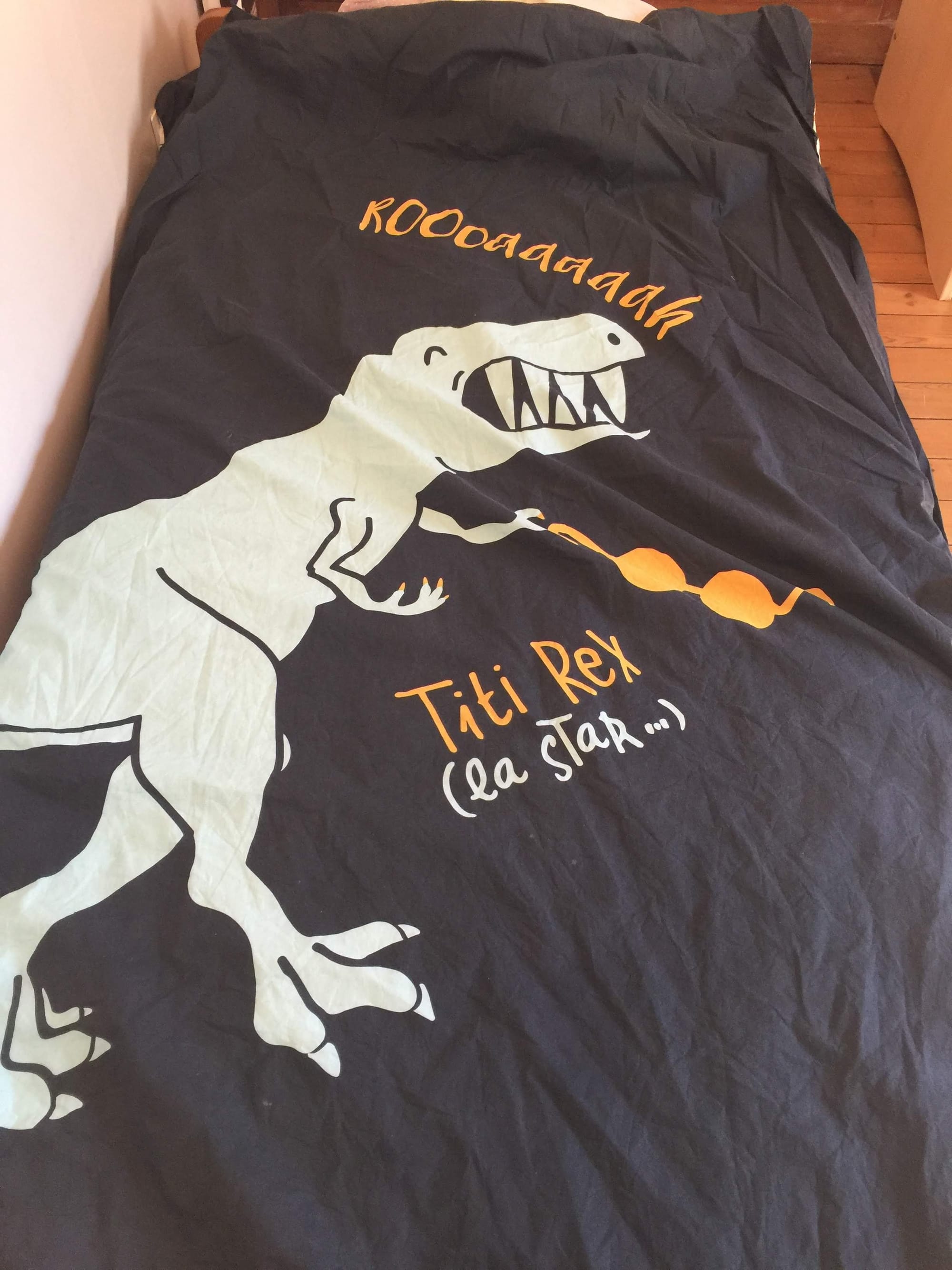 Dinosaur bedding with "Kooooaaak" and "Titi Rex" text, Amiens