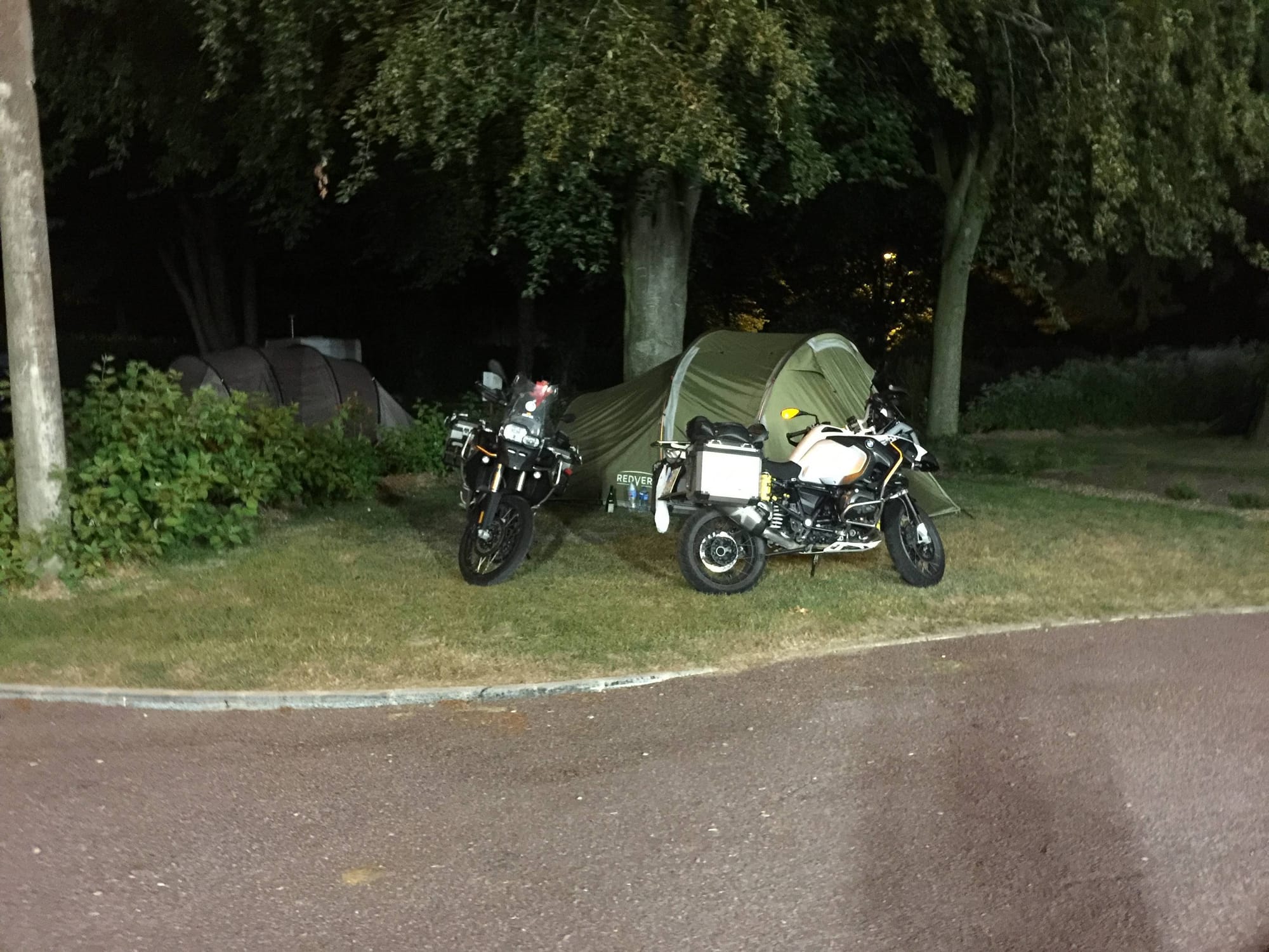 Motorcycles and tent camping at Argouges, Normandy