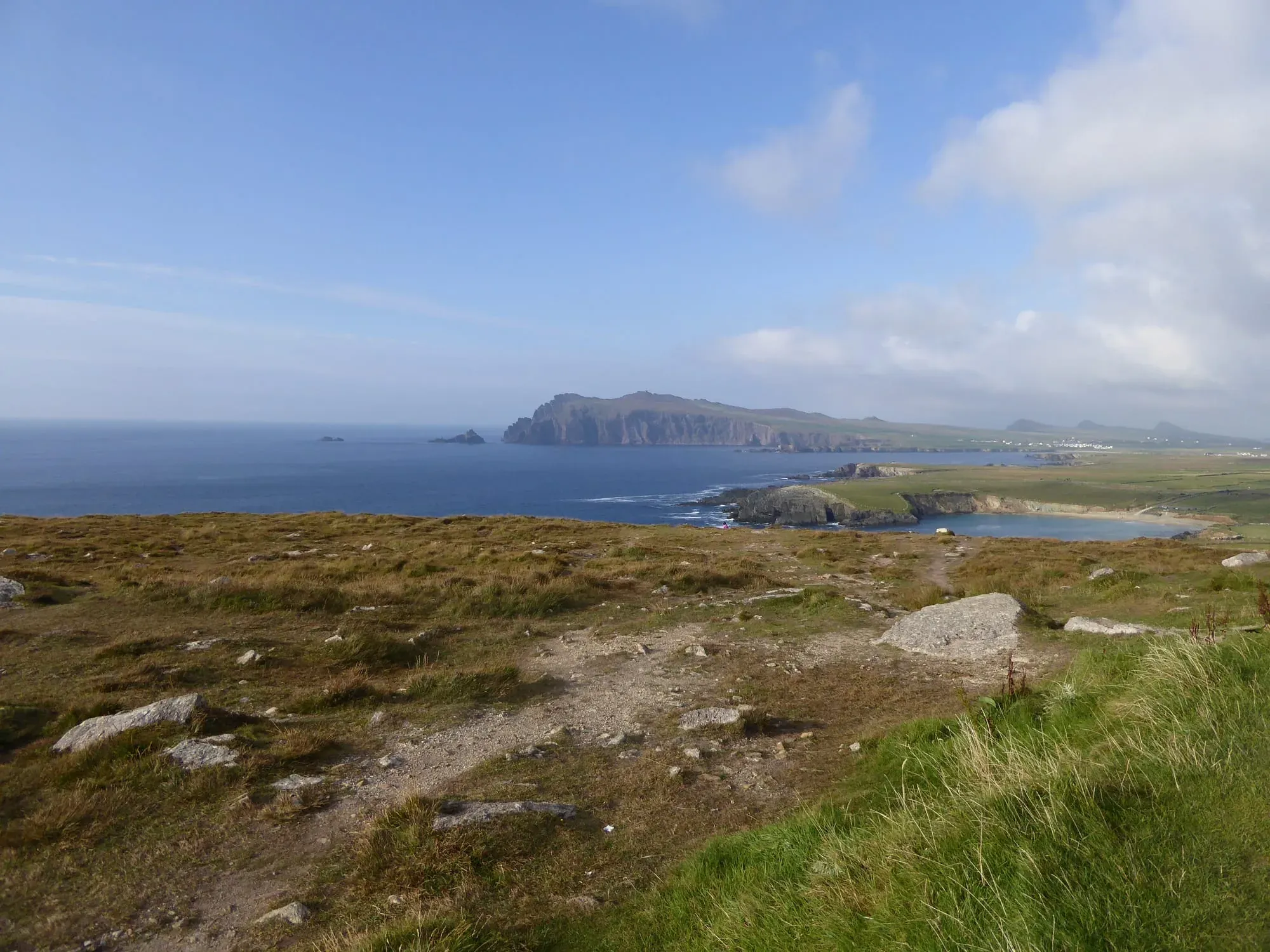 Coastal cliffs and grassy headland overlooking rocky islands at sea