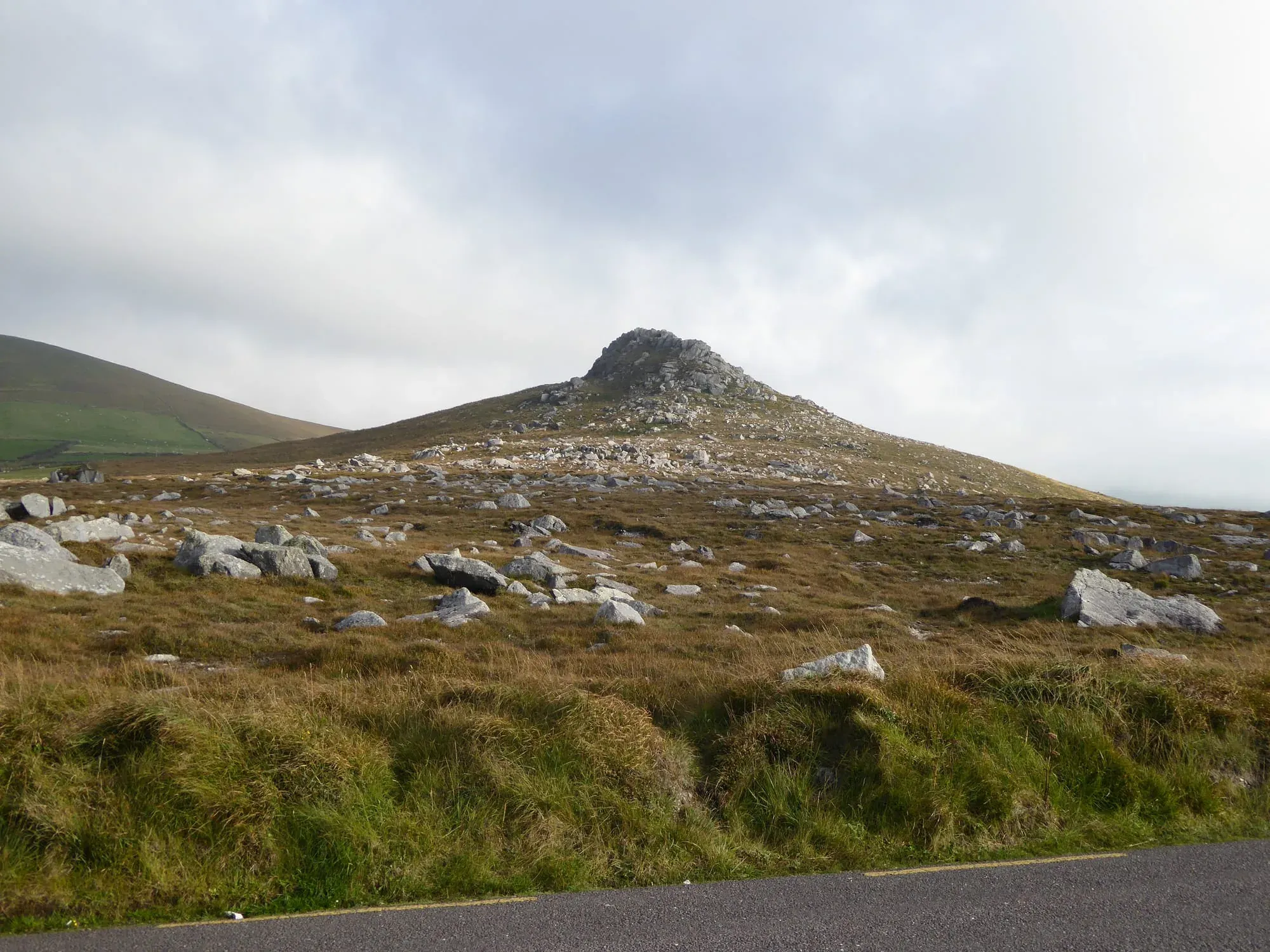Rocky mountain peak with scattered white stones in moorland terrain
