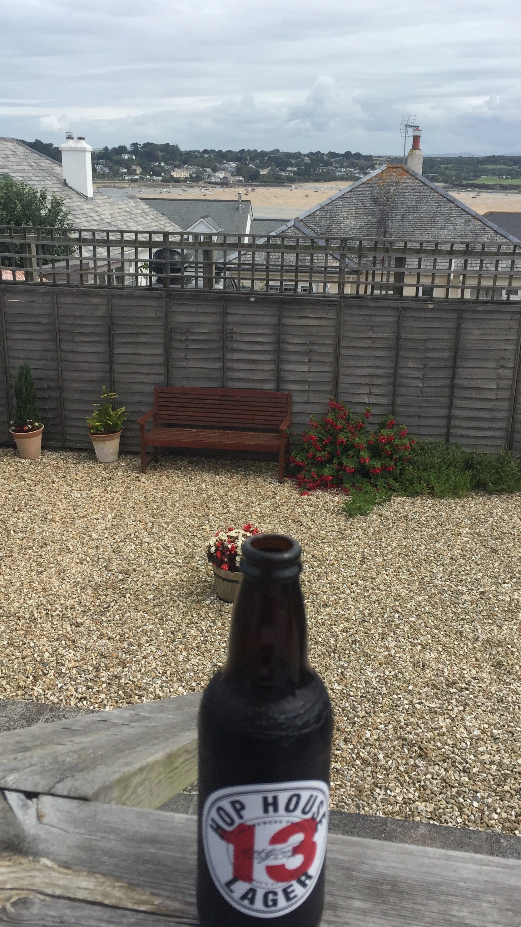 Hop House 13 beer overlooking Padstow beach