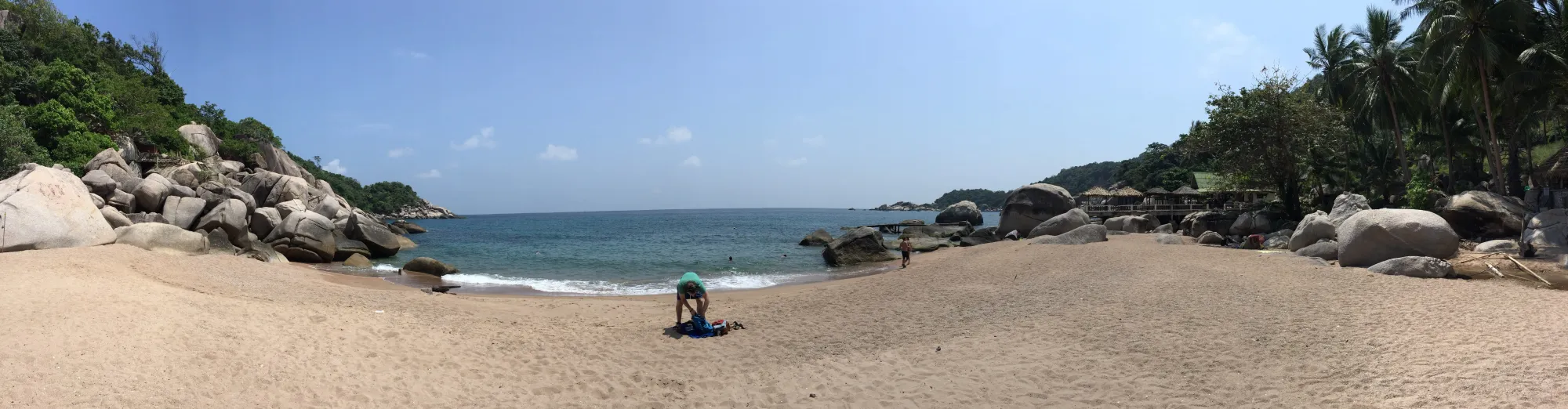 Tropical beach cove with granite boulders and palm trees
