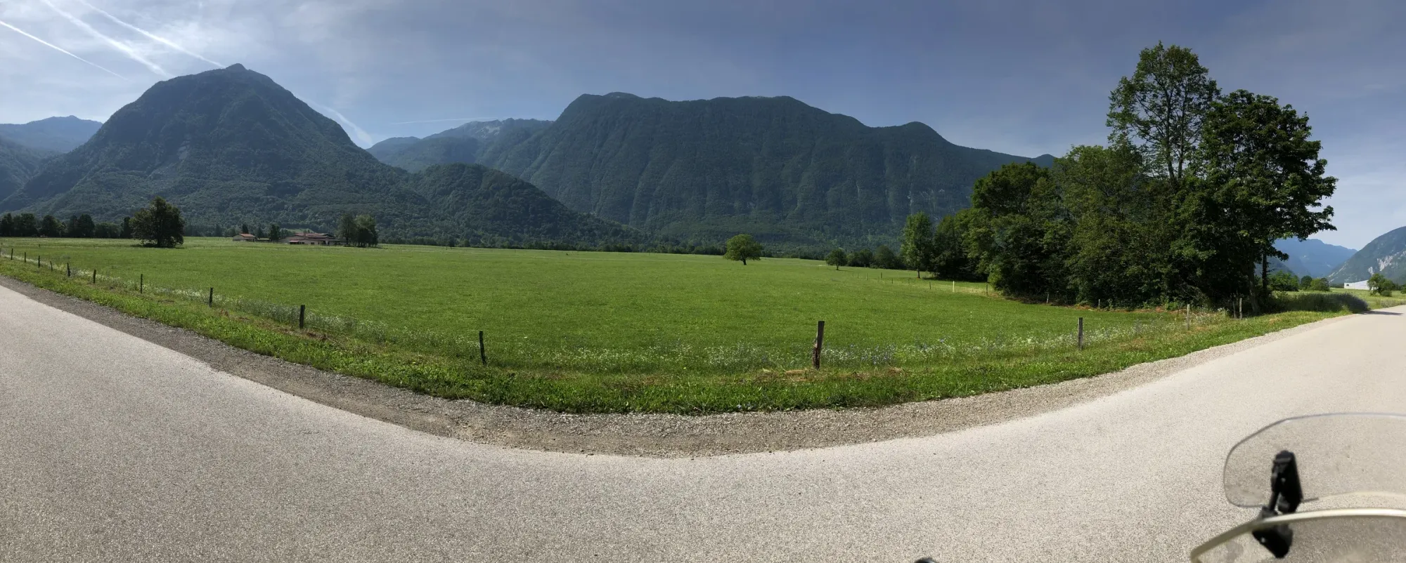 Soča valley panorama looking south, bike just visible — 10:13 local, two minutes before the Street View car went past.
