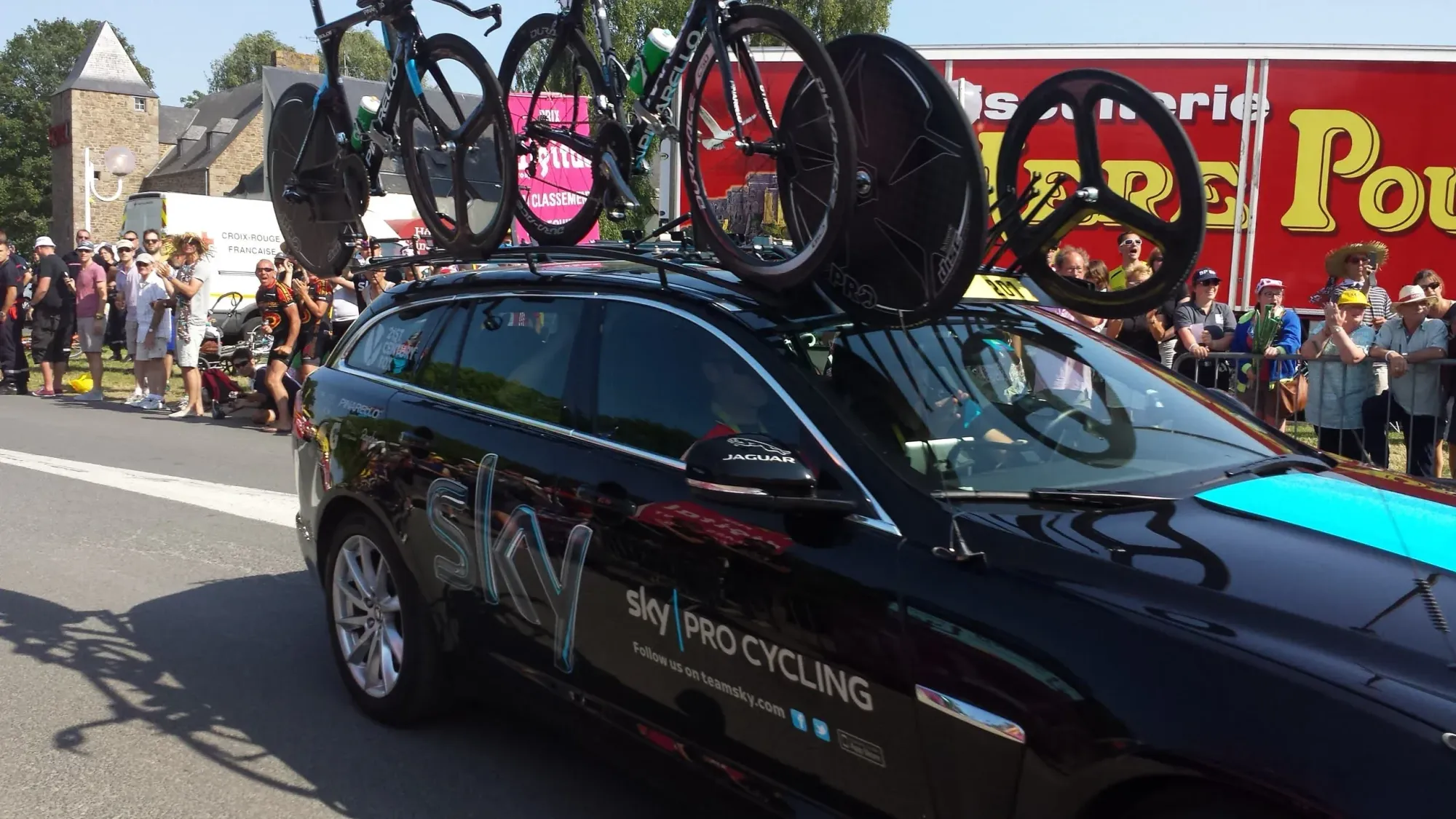 Sky Pro Cycling team car at Mont-Saint-Michel, Normandy
