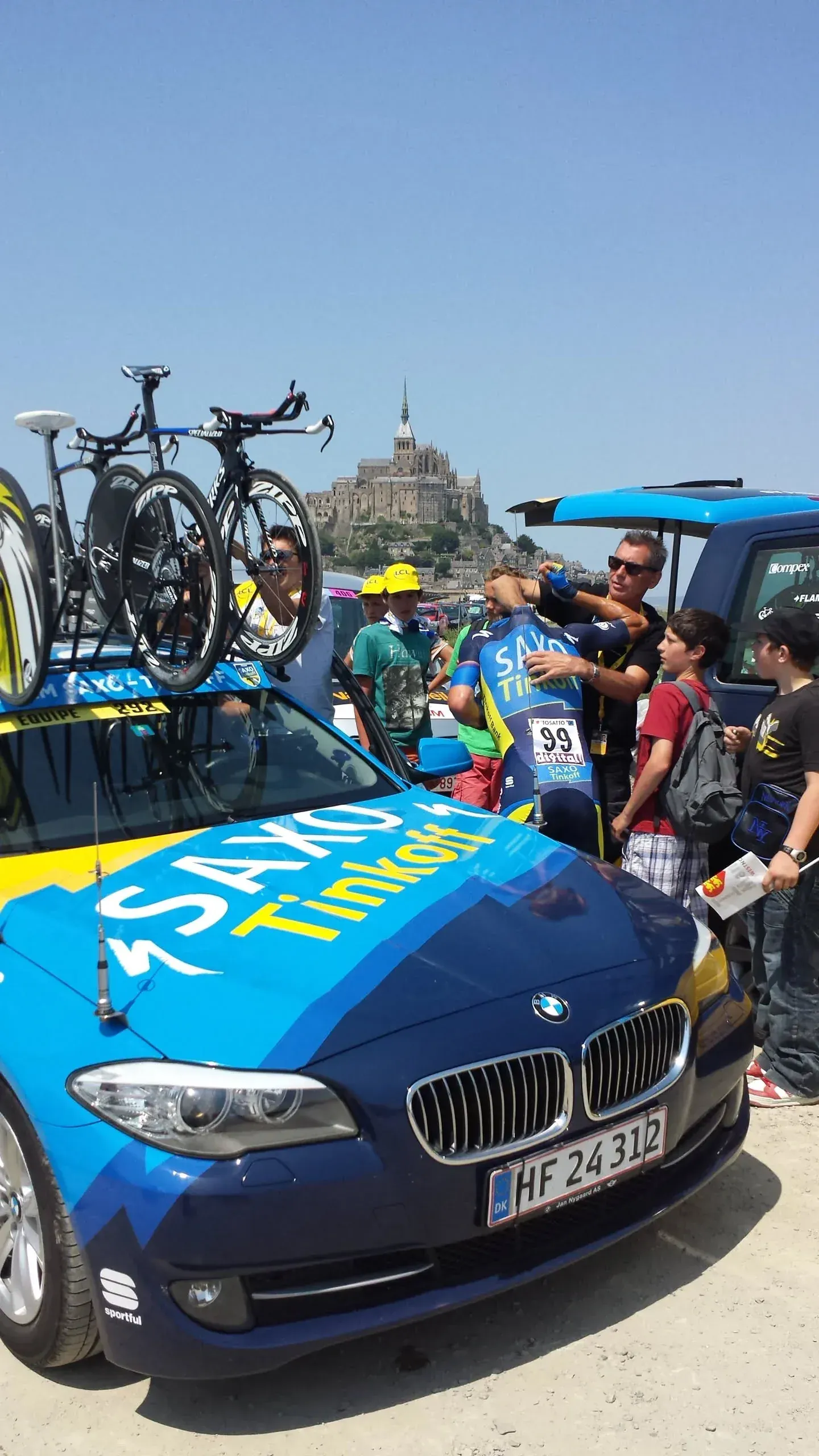 Tour de France team car at Mont-Saint-Michel