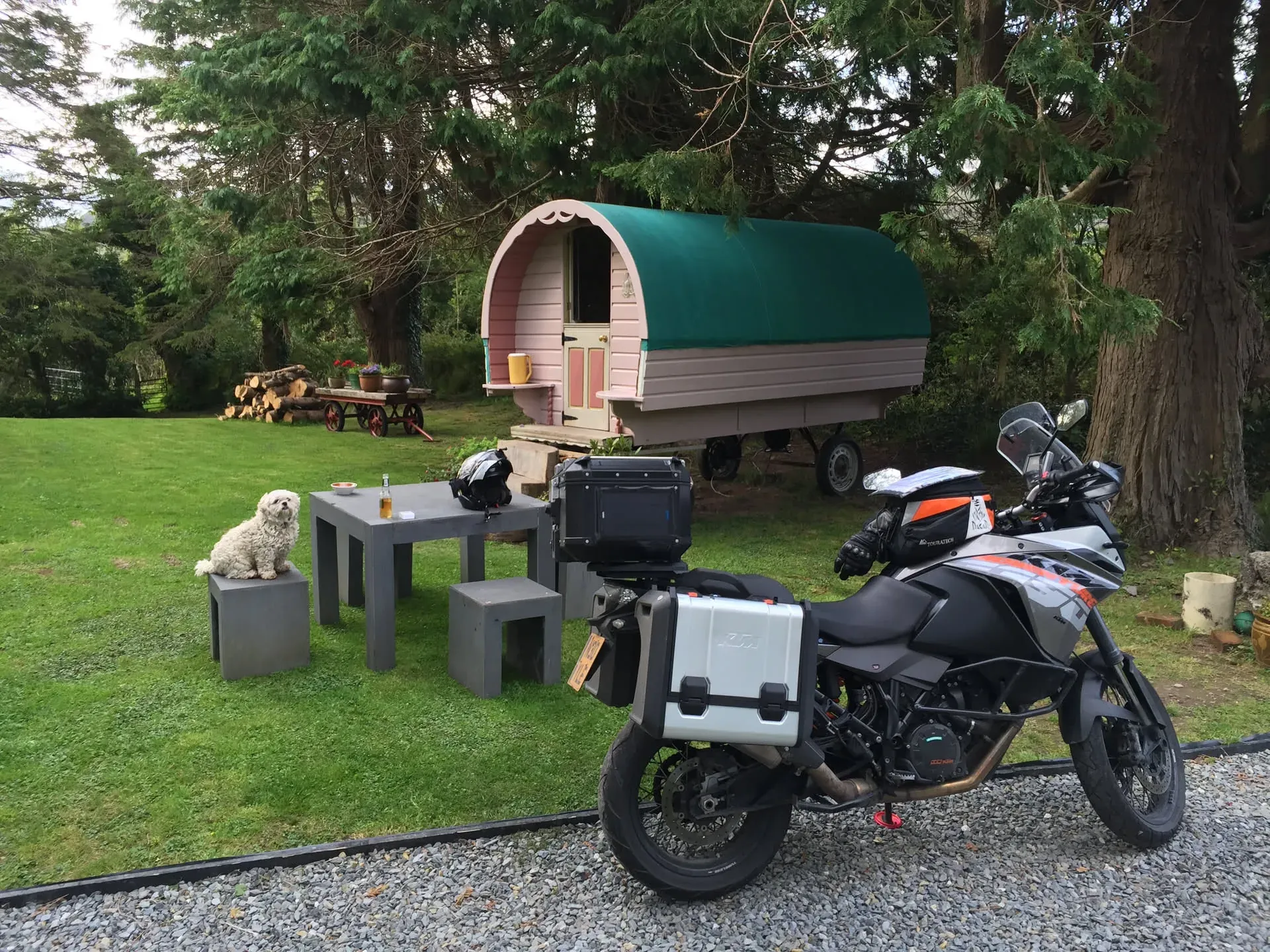 Adventure motorcycle parked at Ardea ED glamping site, Ireland