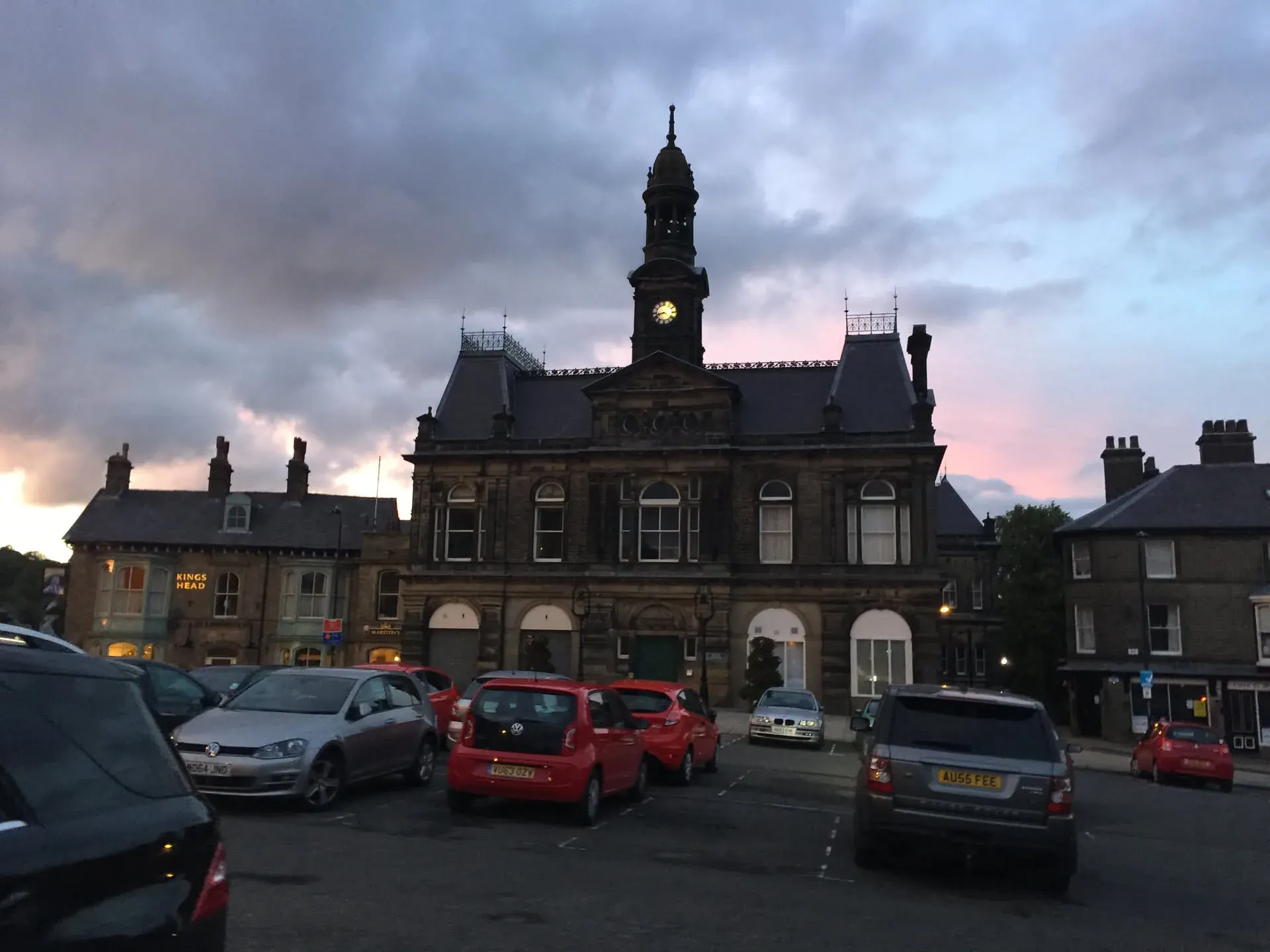 Clock tower and town hall at dusk, Fairfield