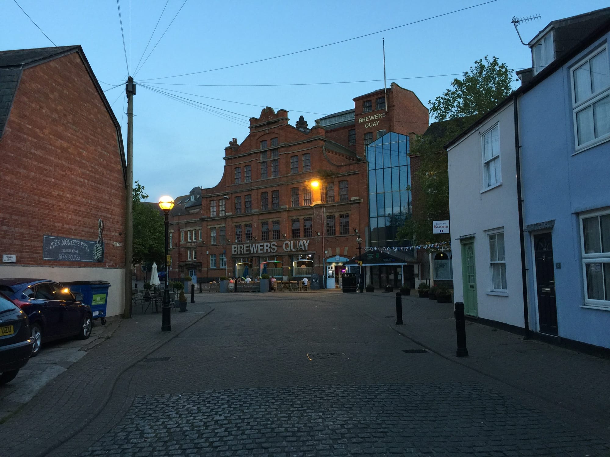 Brewers Quay historic brick building at dusk, Weymouth