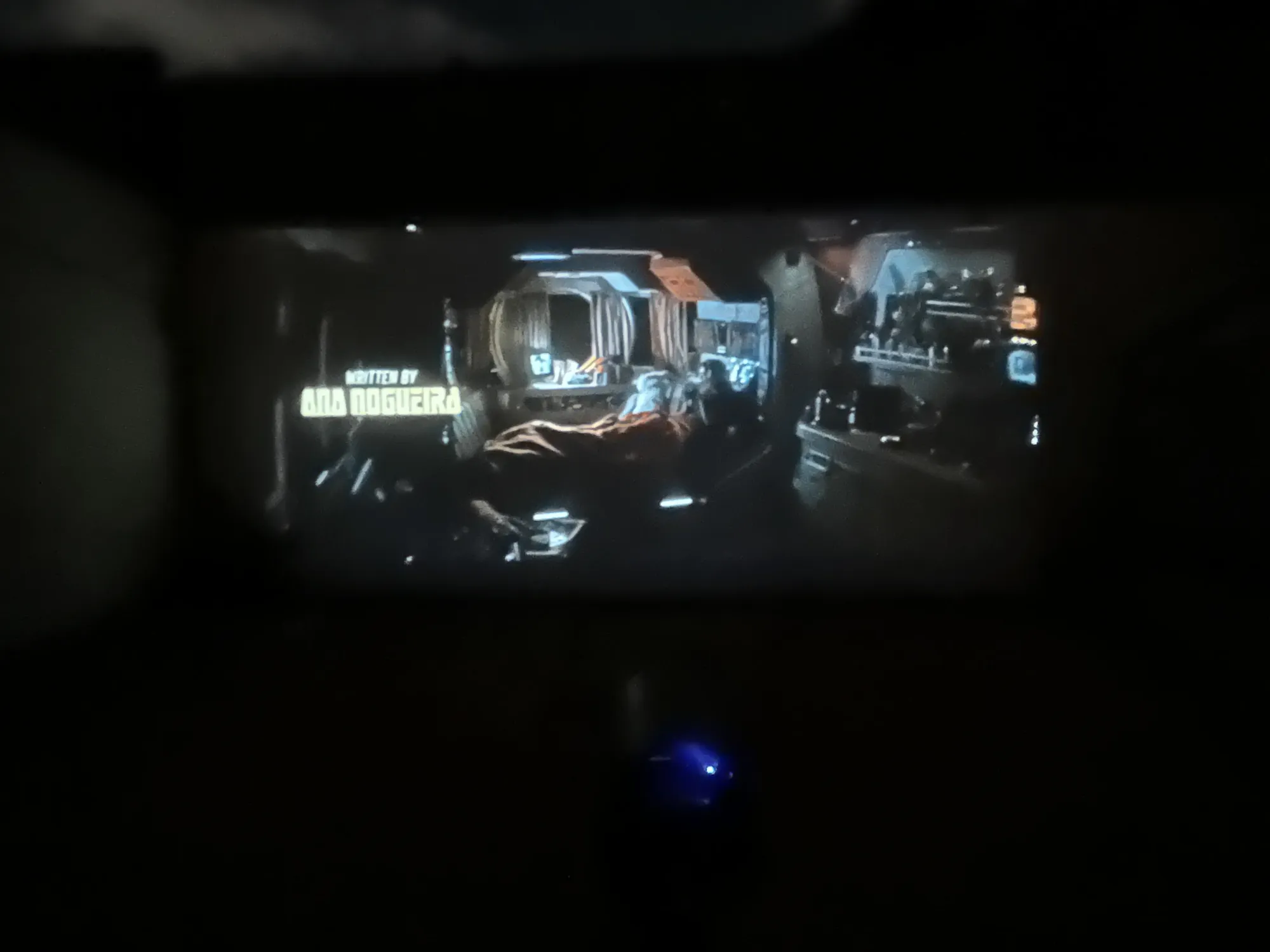 A projected film on the garden wall showing an interior scene with an on-screen writing credit.